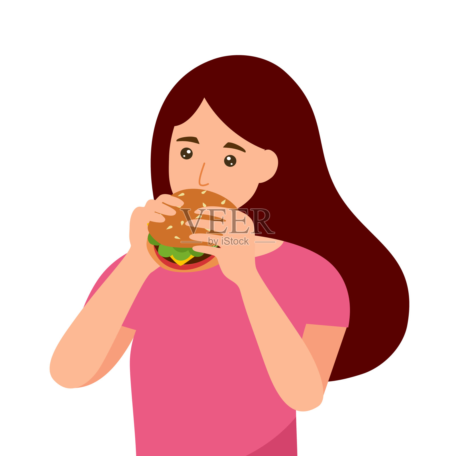 在白色背景的平面设计中，饥饿的女人正在吃汉堡包。插画图片素材