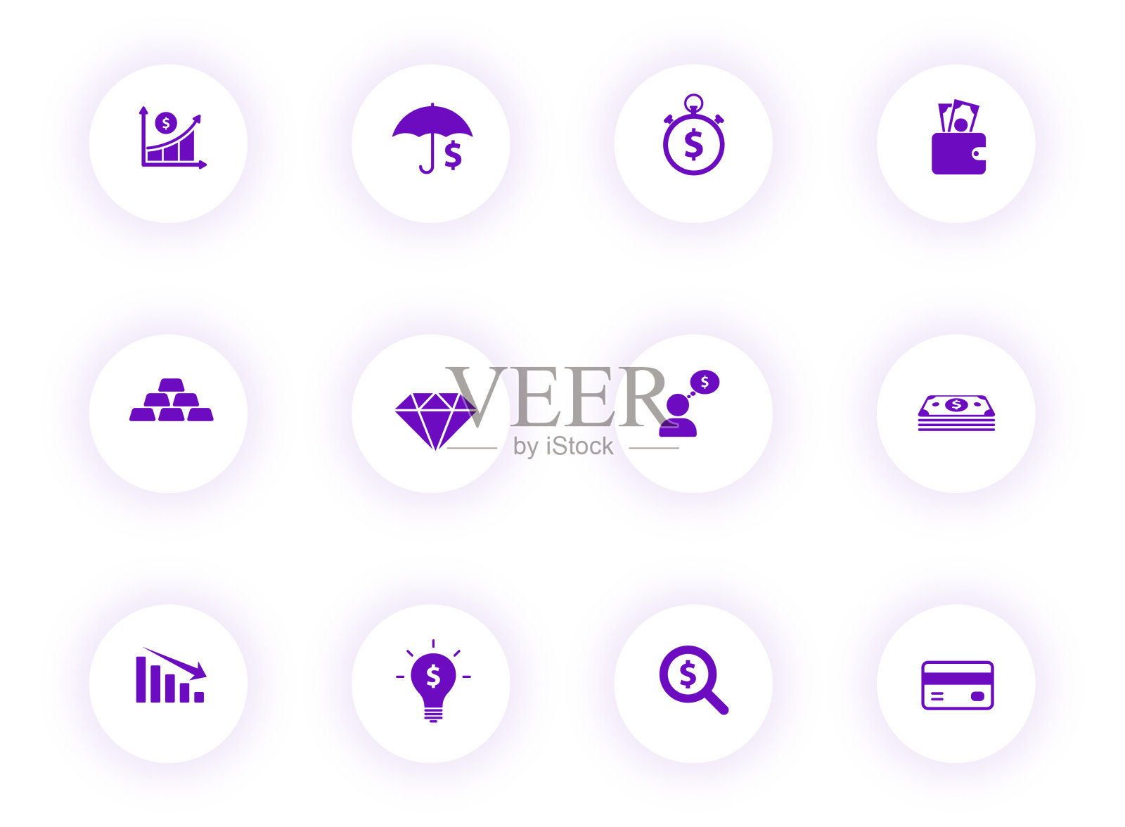 财务紫色矢量图标上的圆形按钮带有紫色阴影。用于网页，移动应用，UI设计和印刷的金钱和金融图标图标素材