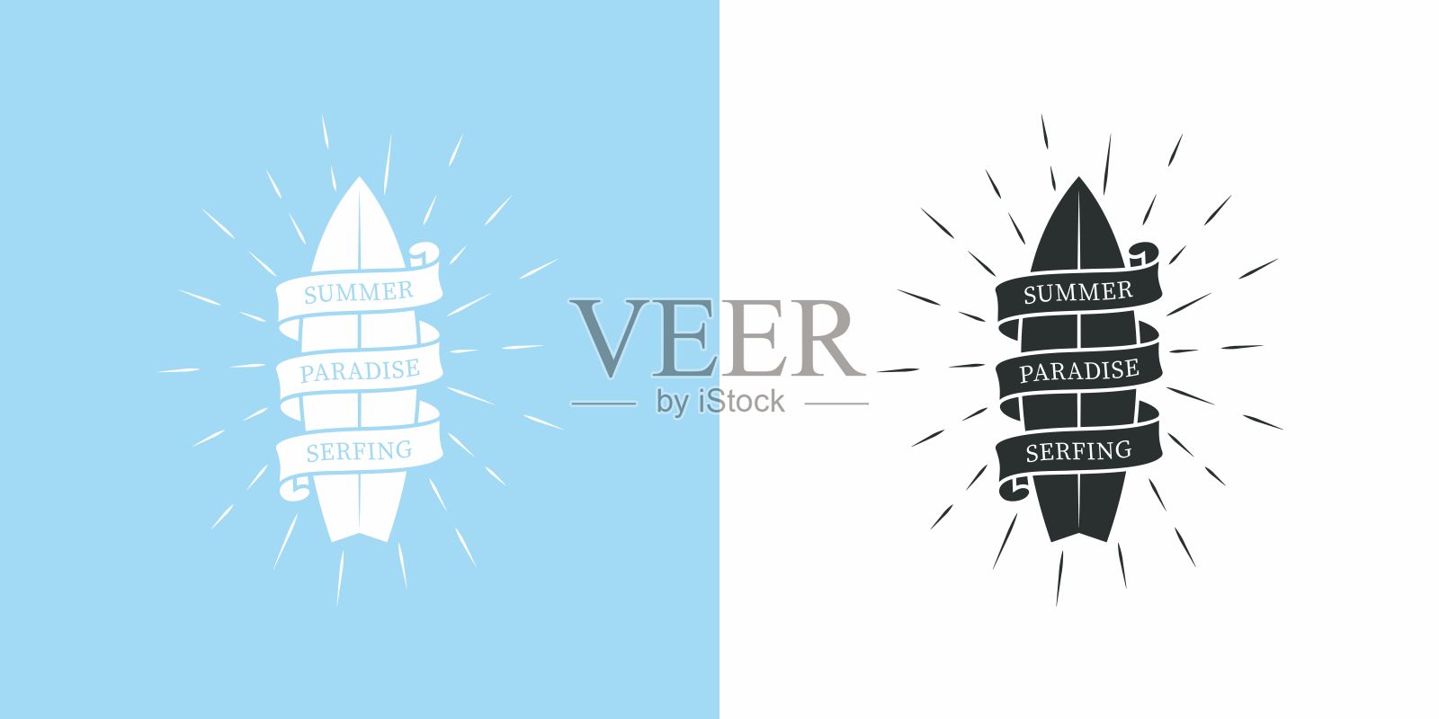 一套冲浪板的彩色插图，带文字和射线的背景。插画图片素材