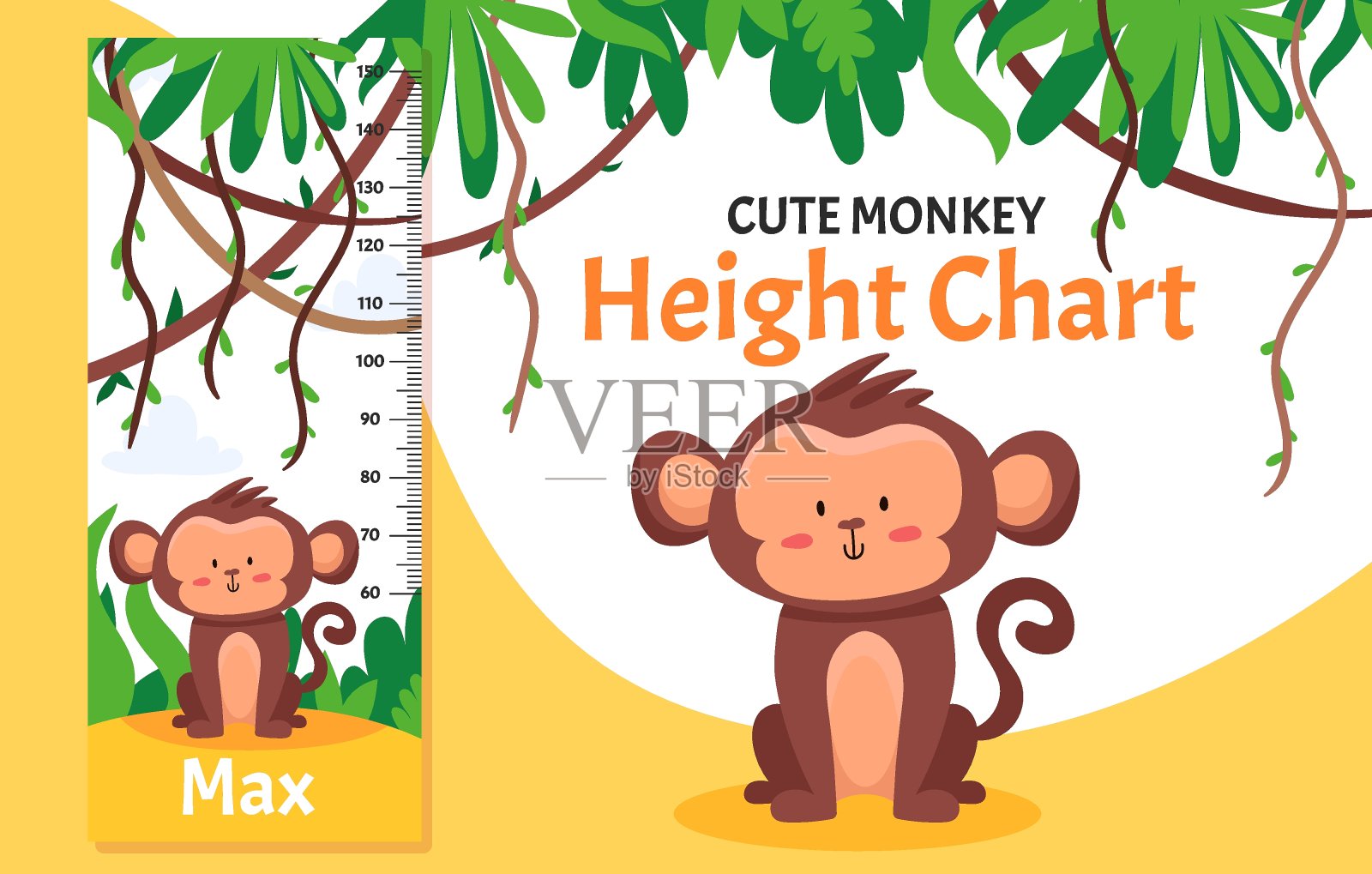 与可爱的猴子在丛林森林与树木和藤本植物的高度图表。插画图片素材