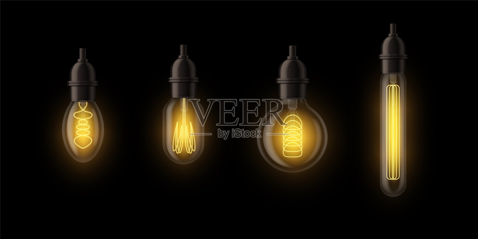 灯泡的现实。不同形式的悬挂式爱迪生发光灯。复古灯泡元素隔离在黑色背景上。复古电器，创意符号。向量组设计元素图片