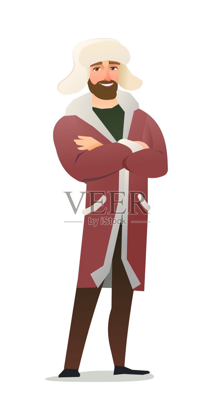 穿冬装的男人。羊皮外套和保暖的帽子。在冬天的家伙。开朗的人。站立姿势。漫画风格扁平化设计。单个的字符。插图孤立在白色背景上。向量设计元素图片