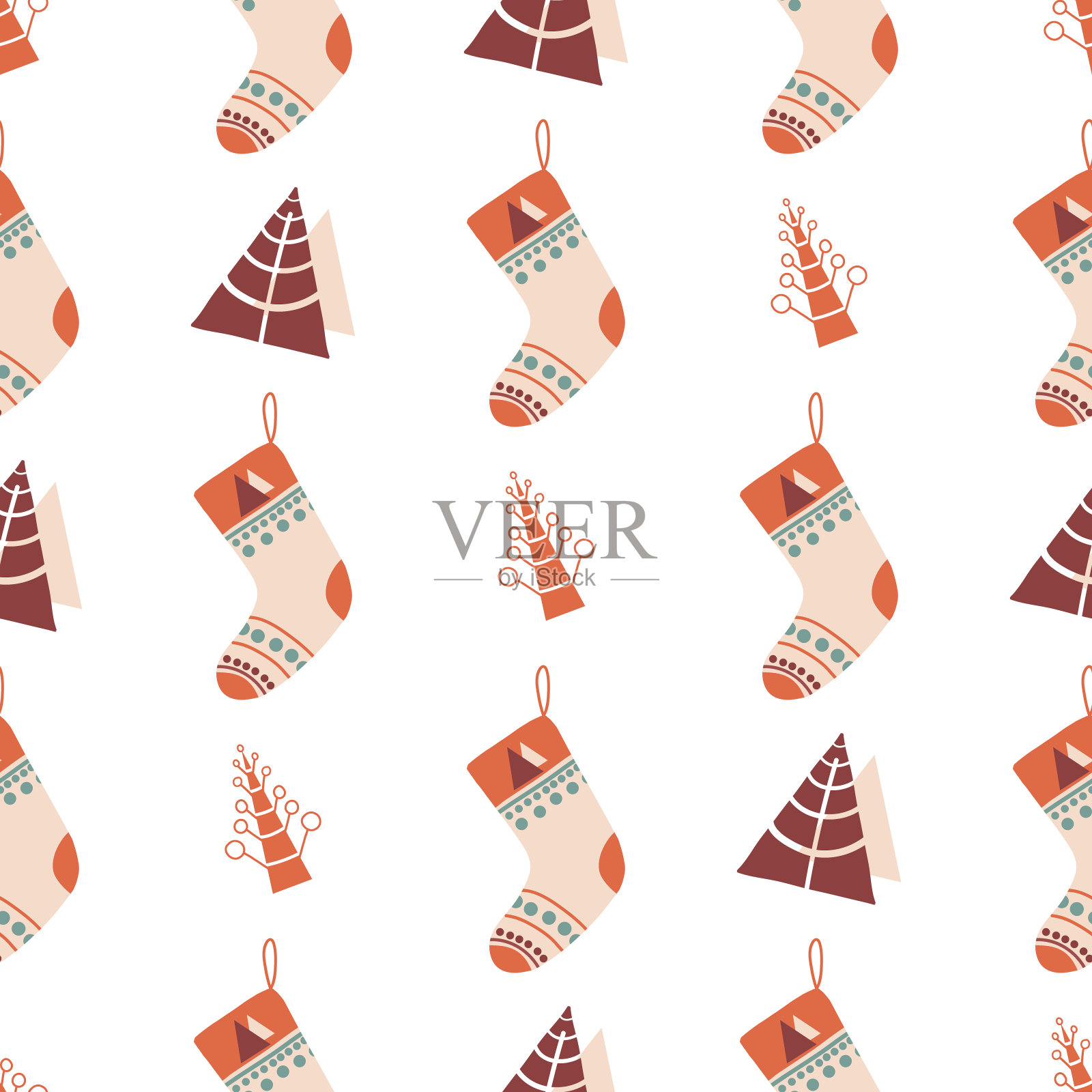 圣诞节和新年模式。无缝的简单图案与抽象的圣诞树和袜子。纹理织物，纺织品，海报，卡片，印刷，邀请，包装插画图片素材