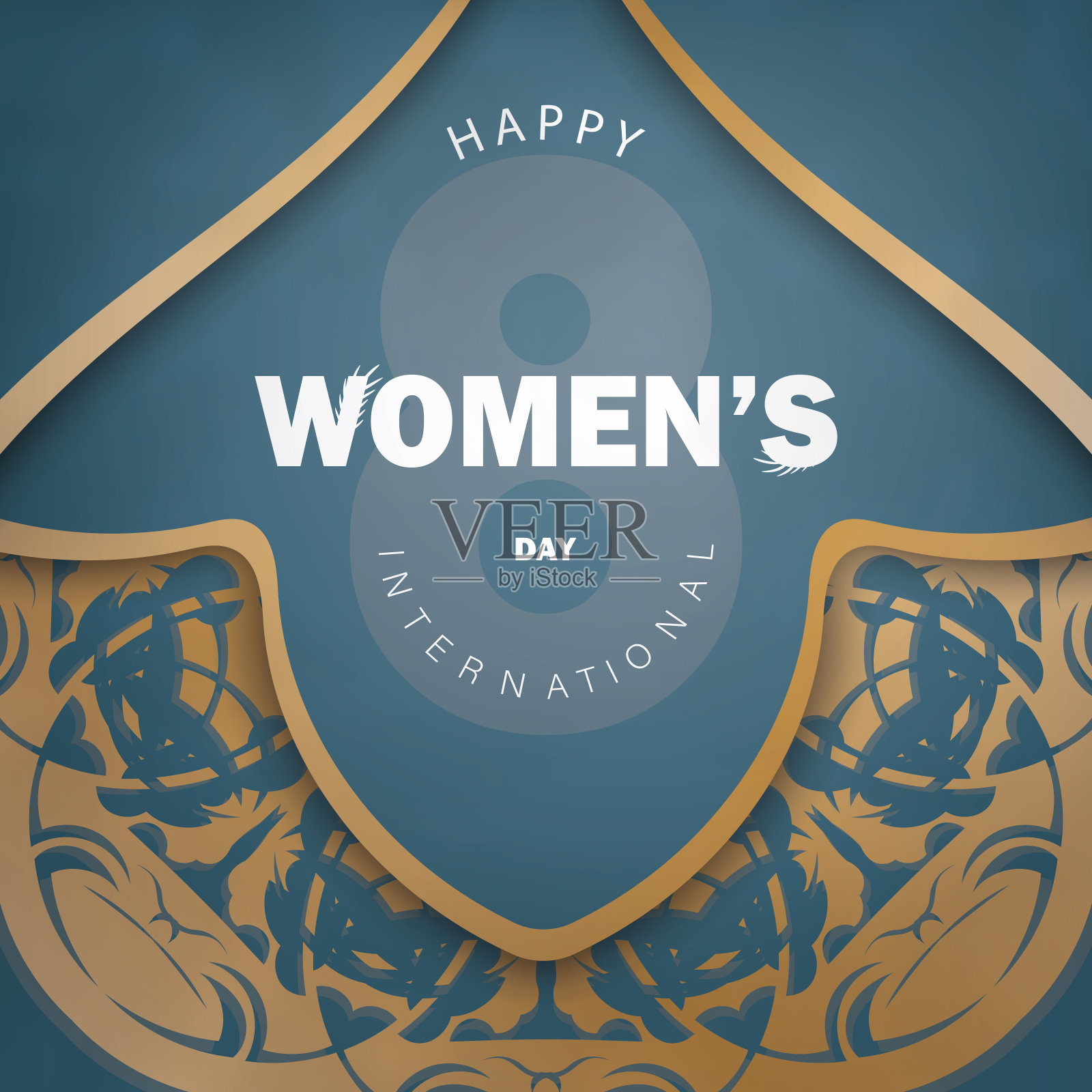假日宣传册3月8日国际妇女节蓝色与复古黄金图案插画图片素材