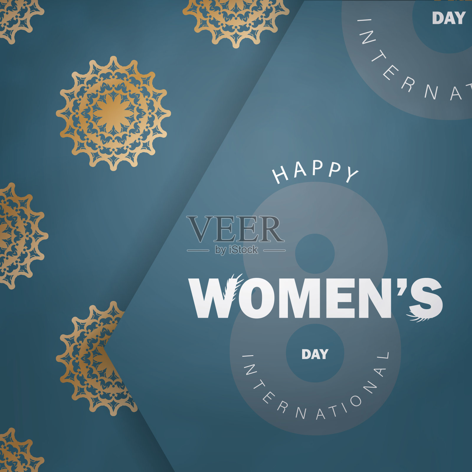 问候传单模板3月8日国际妇女节蓝色与复古金色图案插画图片素材