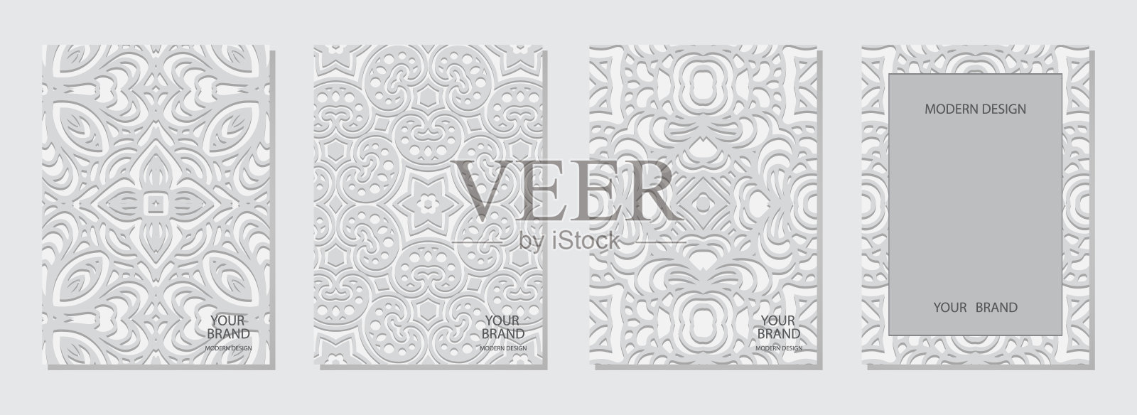 摘要套封面设计，垂直模板。几何体积凸出民族三维图案，集合浮雕白色背景，文字空间。插画图片素材