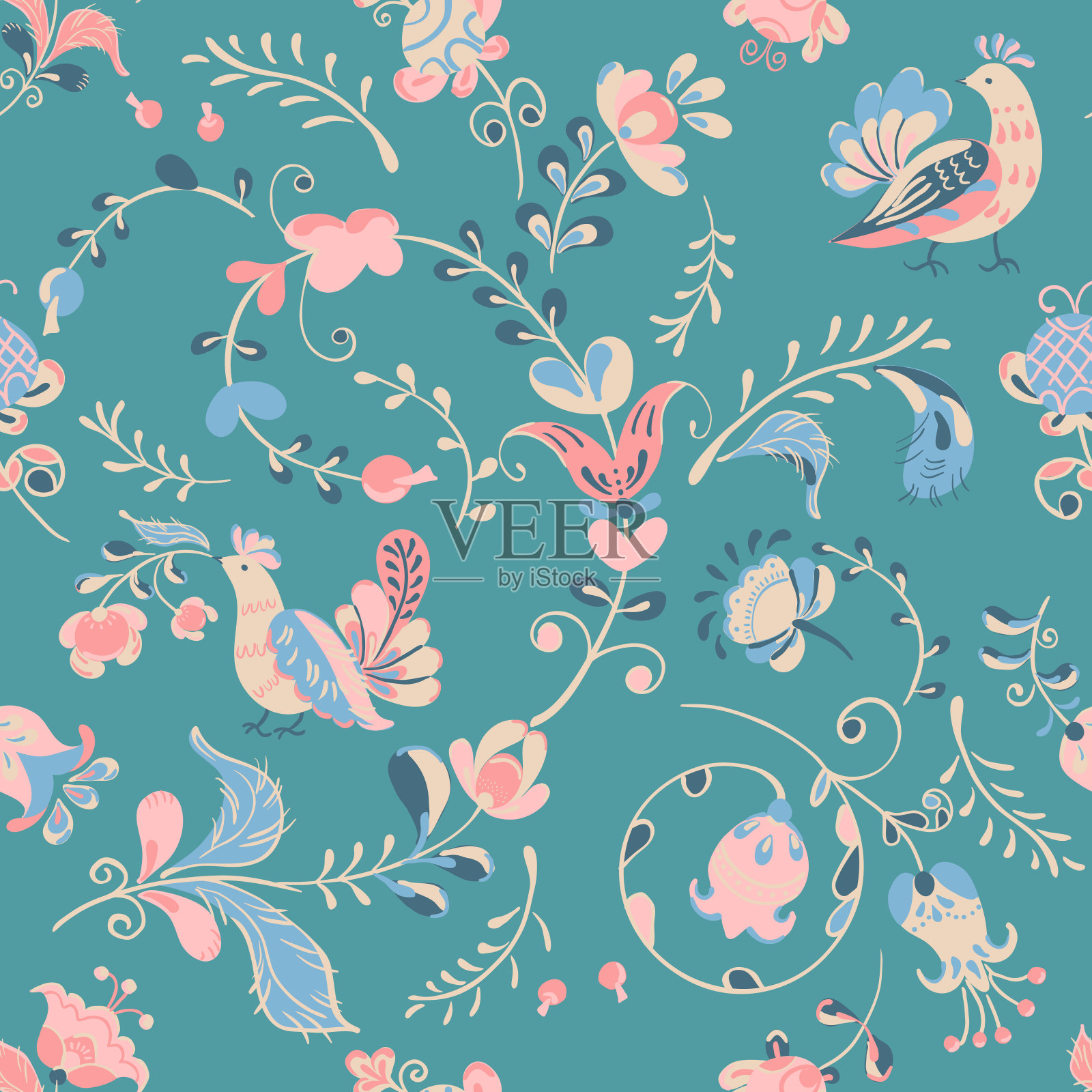 向量花卉装饰方形框架与花鸟在俄罗斯民间艺术绘画风格插画图片素材