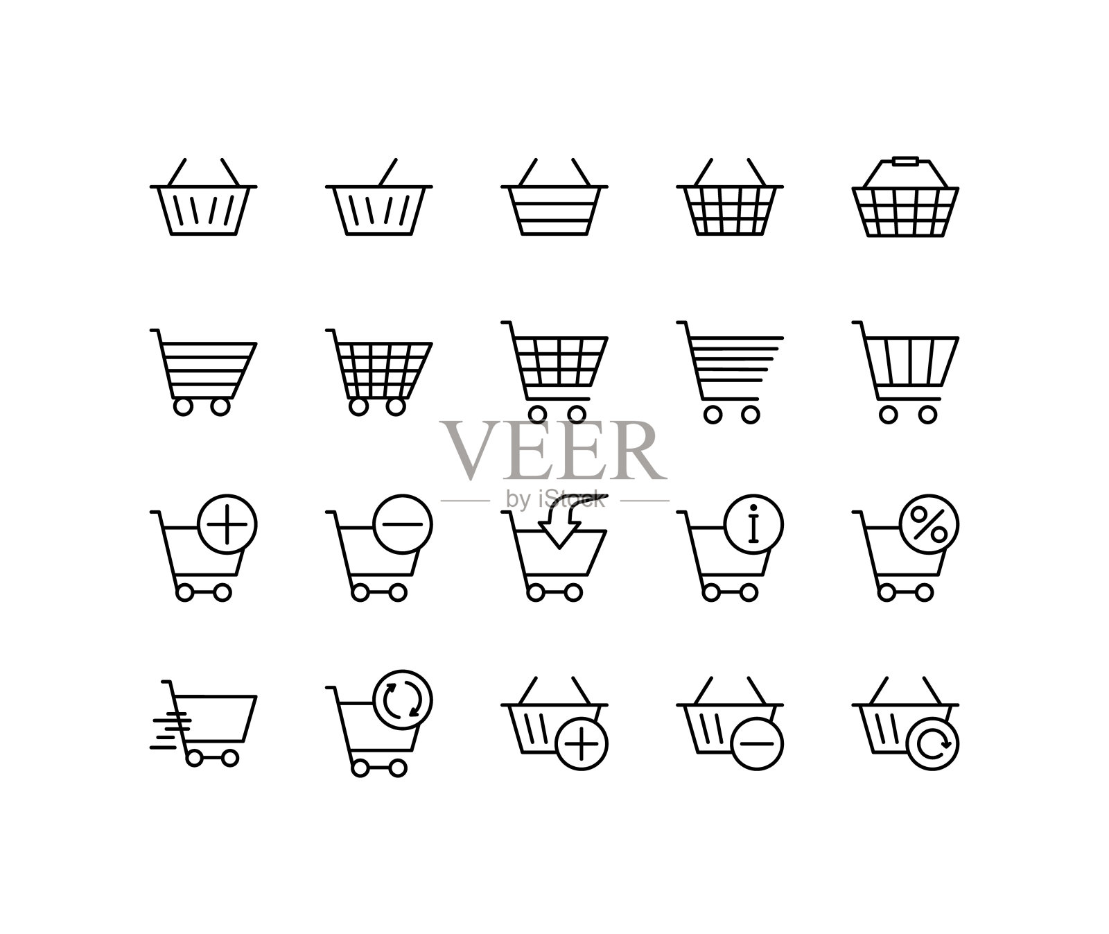 购物篮和购物车的平线图标设置。从各种形状的购物车图标收集。简单的平面矢量插图网站或移动应用程序图标素材