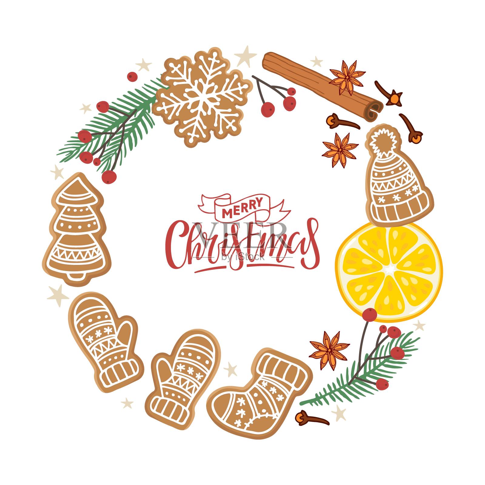 圣诞快乐花环。冬天圆圆的框架里有姜饼曲奇、圣诞树树枝、桔子片、香料、手写的字母。卡通甜的食物平面矢量插图。插画图片素材