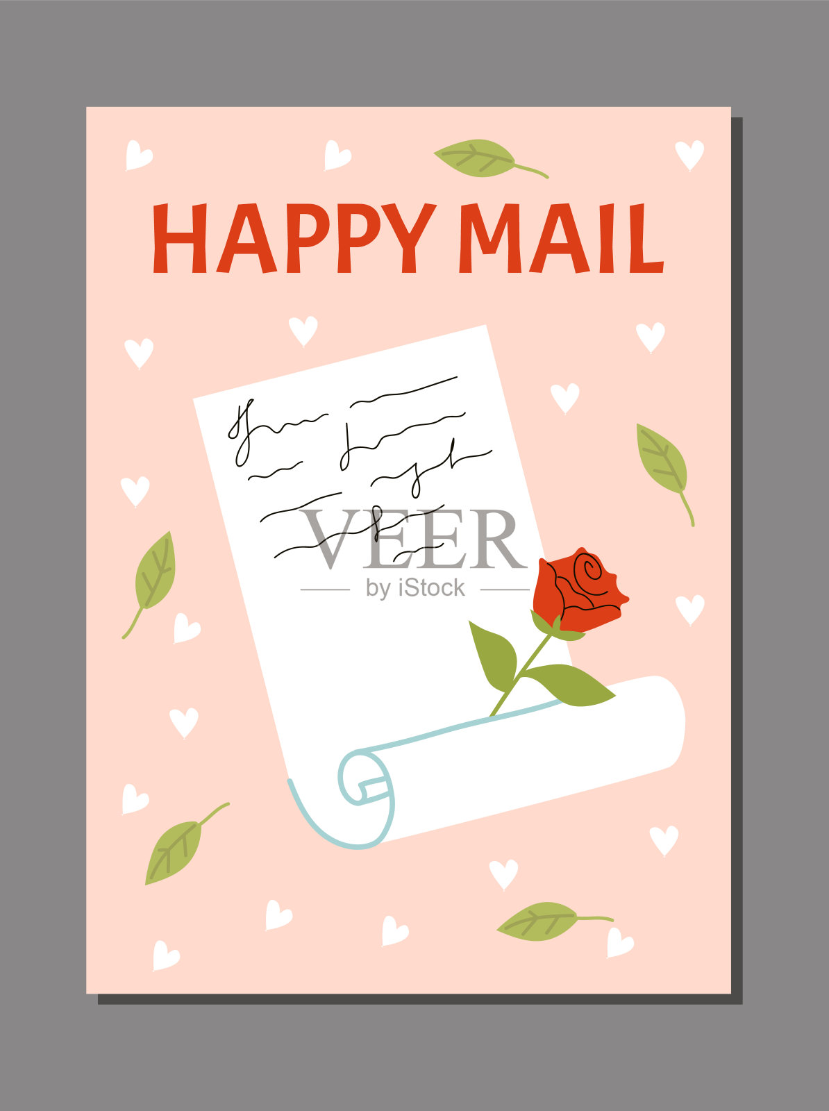 邮政卡片与手写的浪漫的纸信和红玫瑰设计模板素材