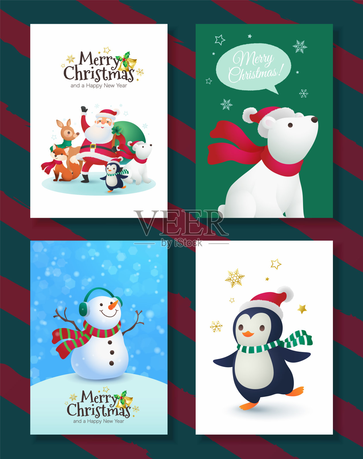 圣诞节贺卡：圣诞老人及其伙伴，圣诞快乐手写祝福设计模板素材