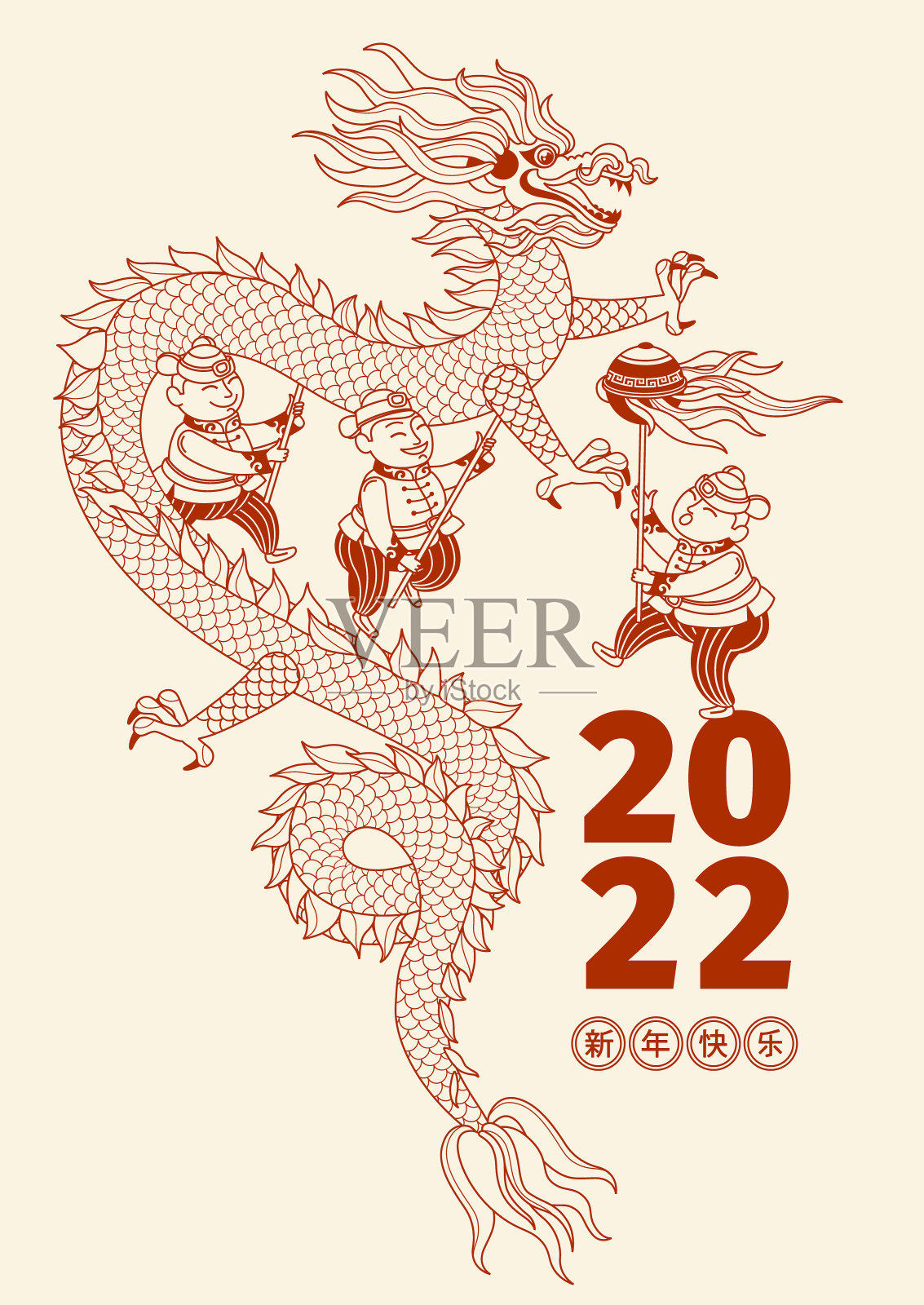 向量线艺术横幅与插图的中国表演龙舞。中国春节。插画图片素材