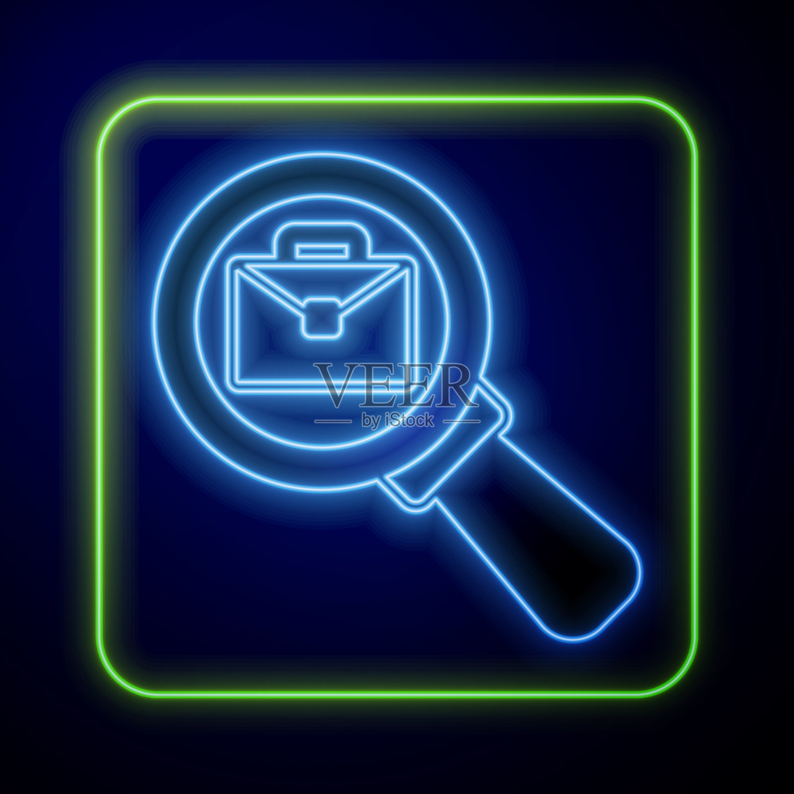 发光的霓虹灯放大镜与公文包图标插画图片素材