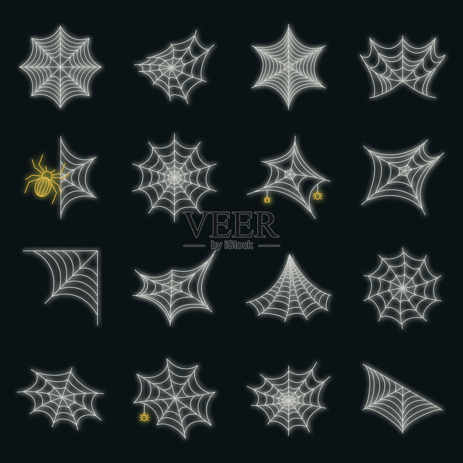 蜘蛛图标设置矢量霓虹灯插画图片素材
