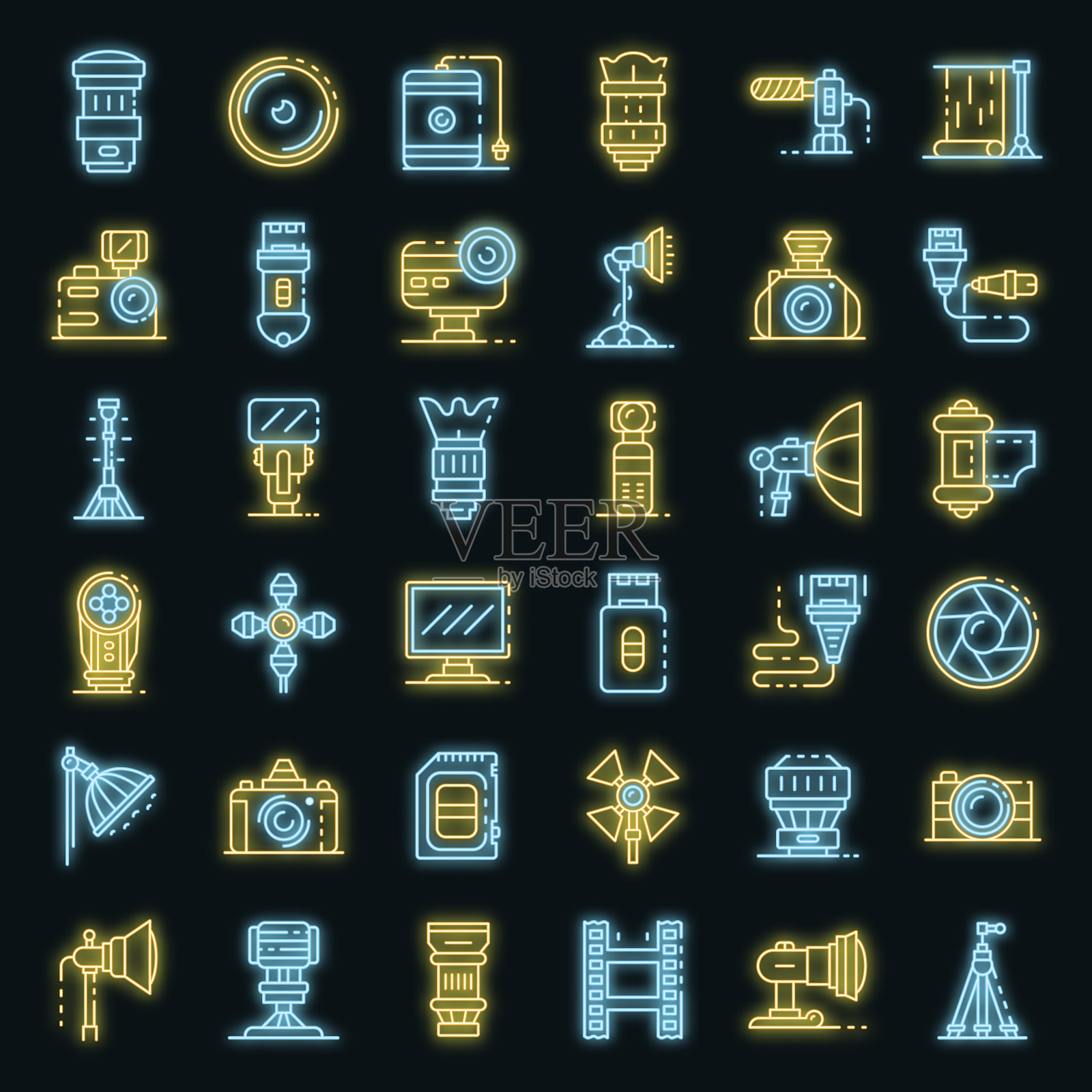 摄影师设备图标设置矢量霓虹灯图标素材
