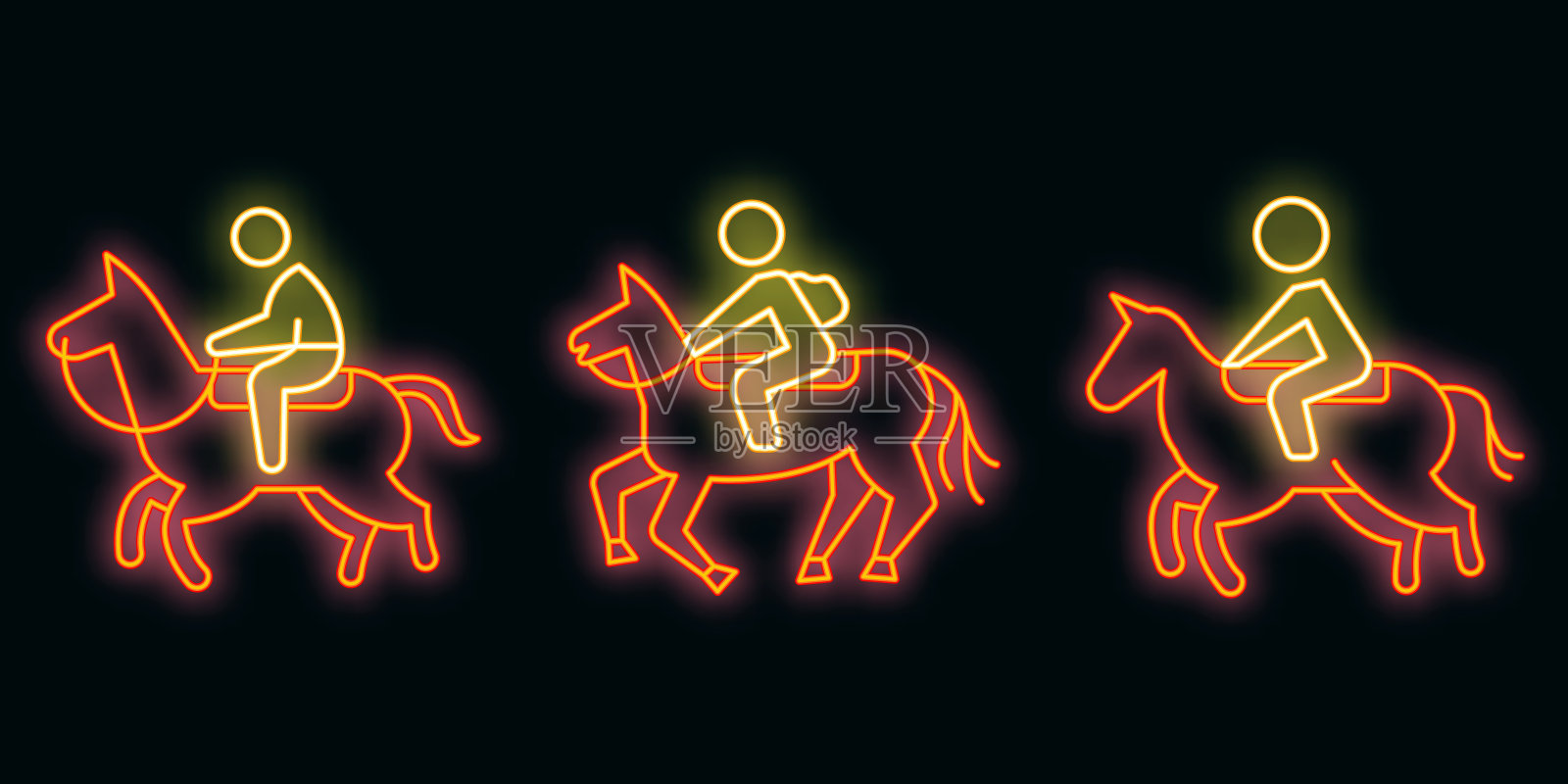 骑马图标设置矢量霓虹灯插画图片素材