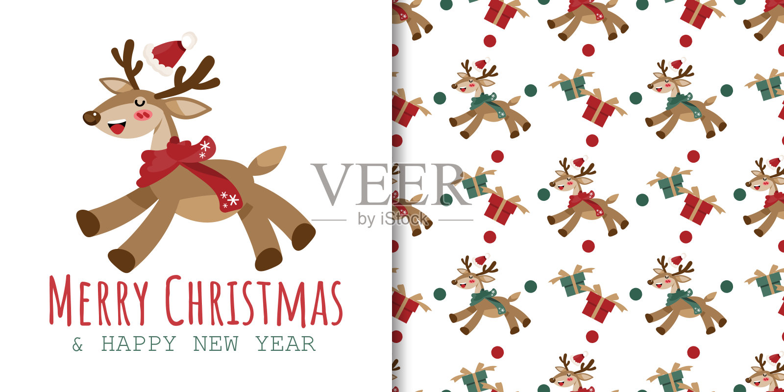 圣诞假期的横幅与圣诞快乐和新年快乐的文字和无缝的图案可爱的驯鹿戴围巾在白色的背景与礼盒和雪花。设计模板素材