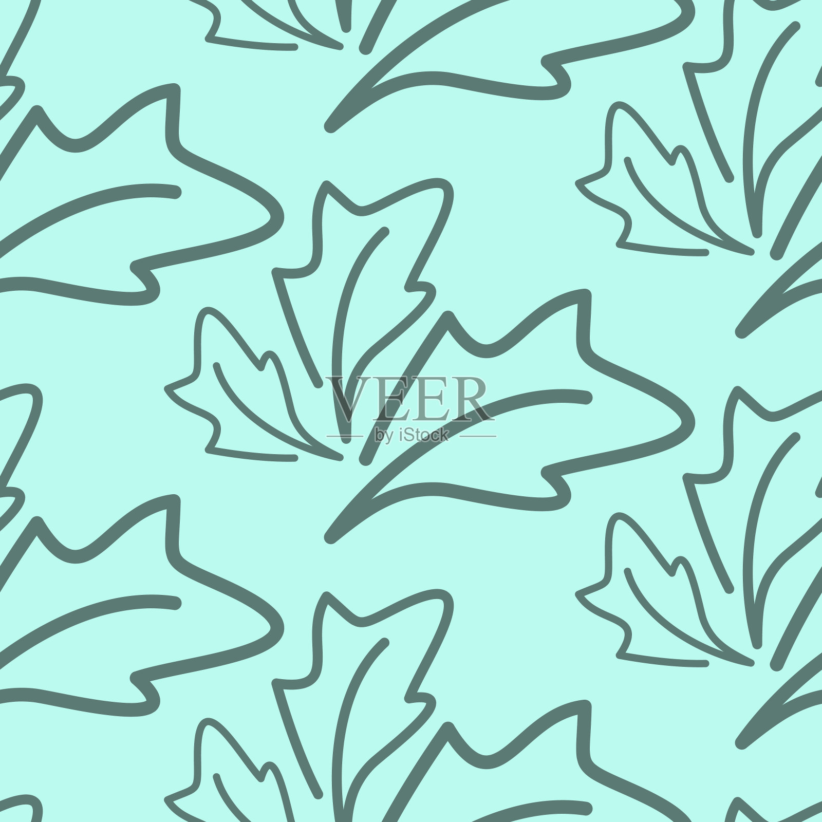 三片叶子上一个蓝色背景无缝图案，有机叶子图案，纺织设计和包装插画图片素材