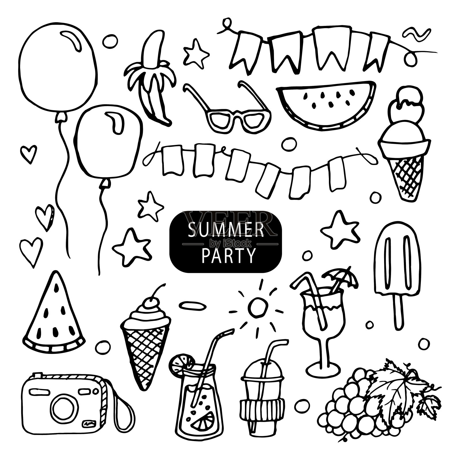暑假元素涂鸦。派对上有饮料、鸡尾酒和冰淇淋插画图片素材