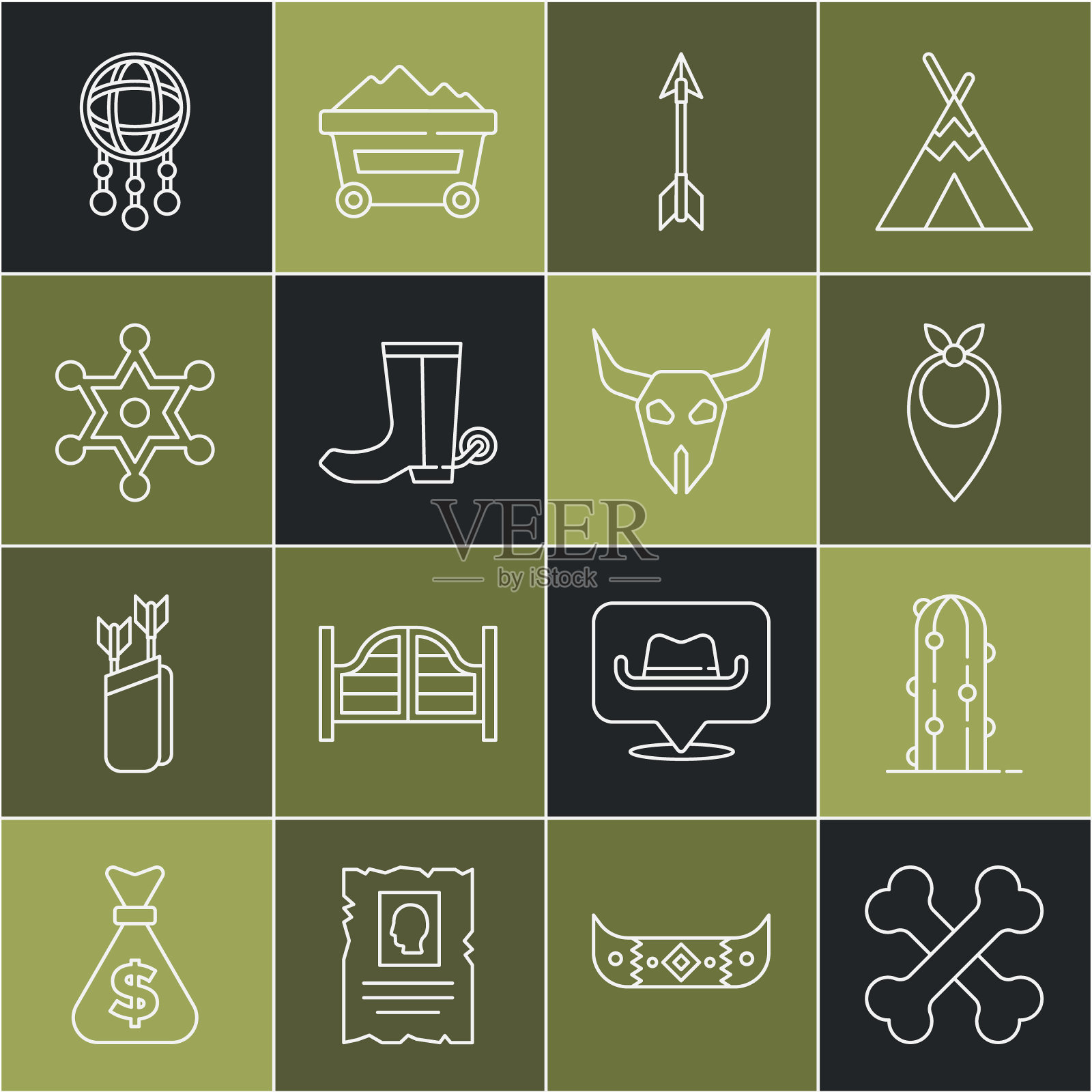 设置线交叉人的骨头，仙人掌，牛仔bandana，箭，靴子，治安官，捕梦网与羽毛和水牛头骨图标。向量图标素材