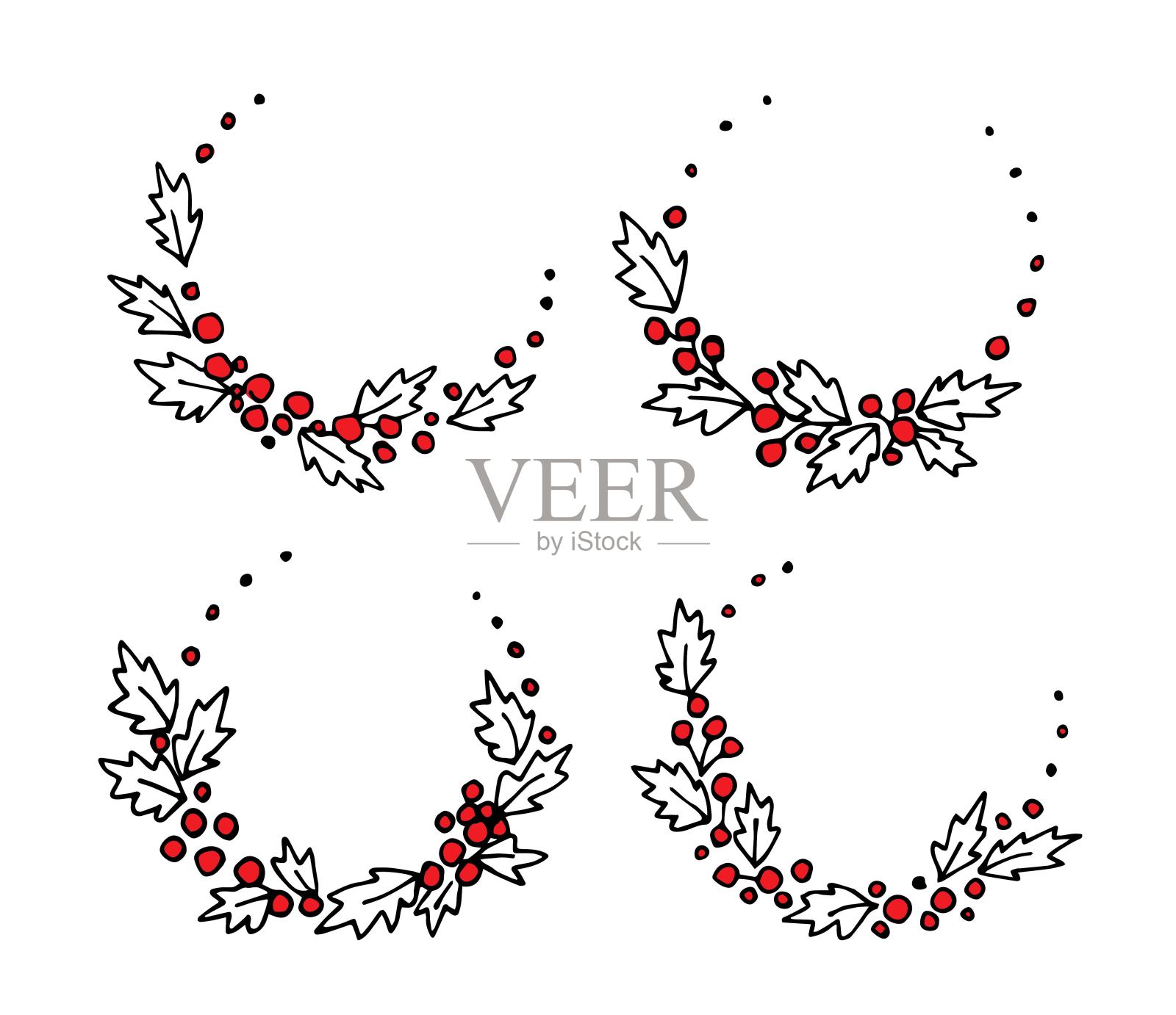手绘矢量涂鸦。套圆形的花框架，红色的冬青浆果和叶子。喜庆的新年，圣诞节的装饰。印刷、明信片、标签、价签、邀请函。插画图片素材