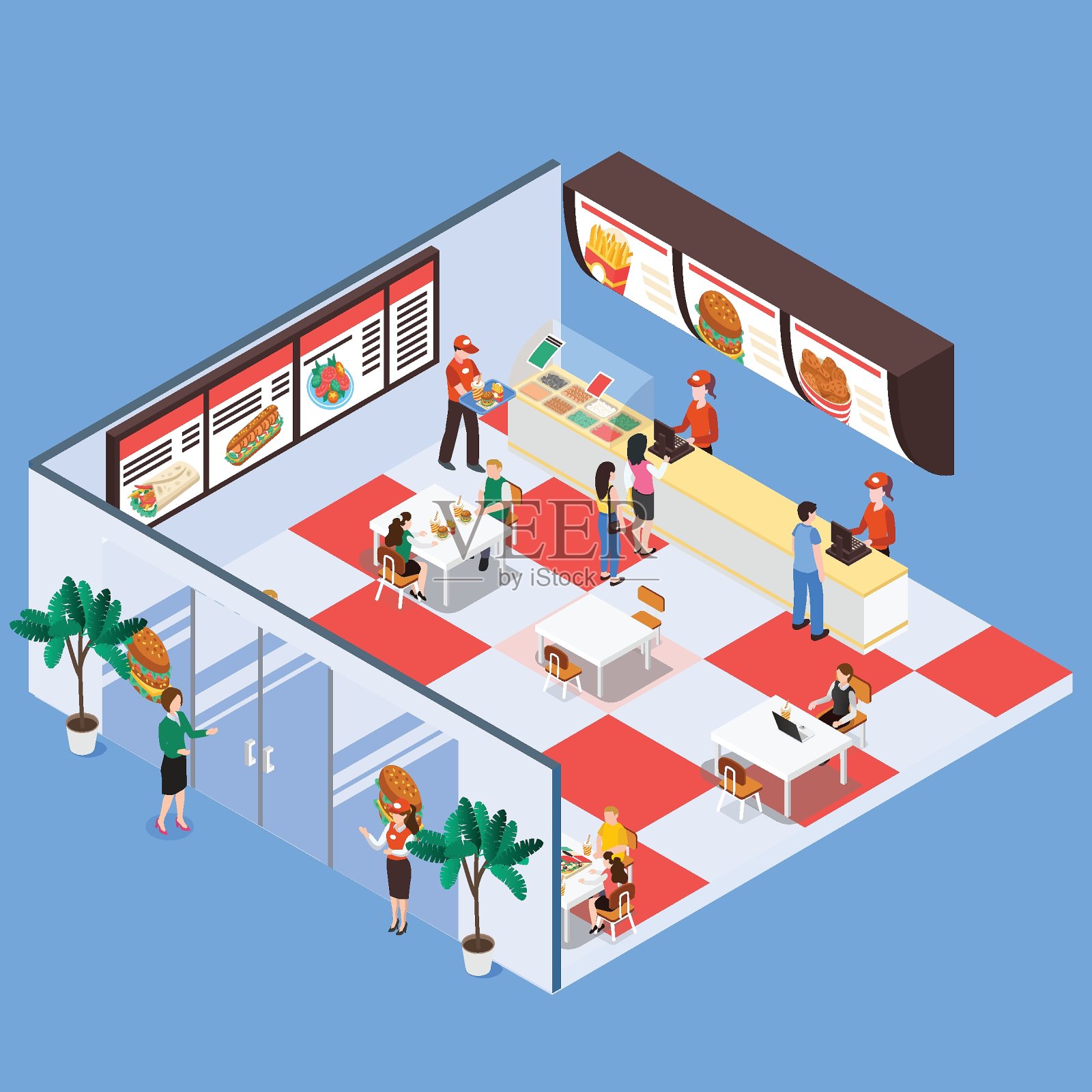快餐店内部外部三维等距插画图片素材