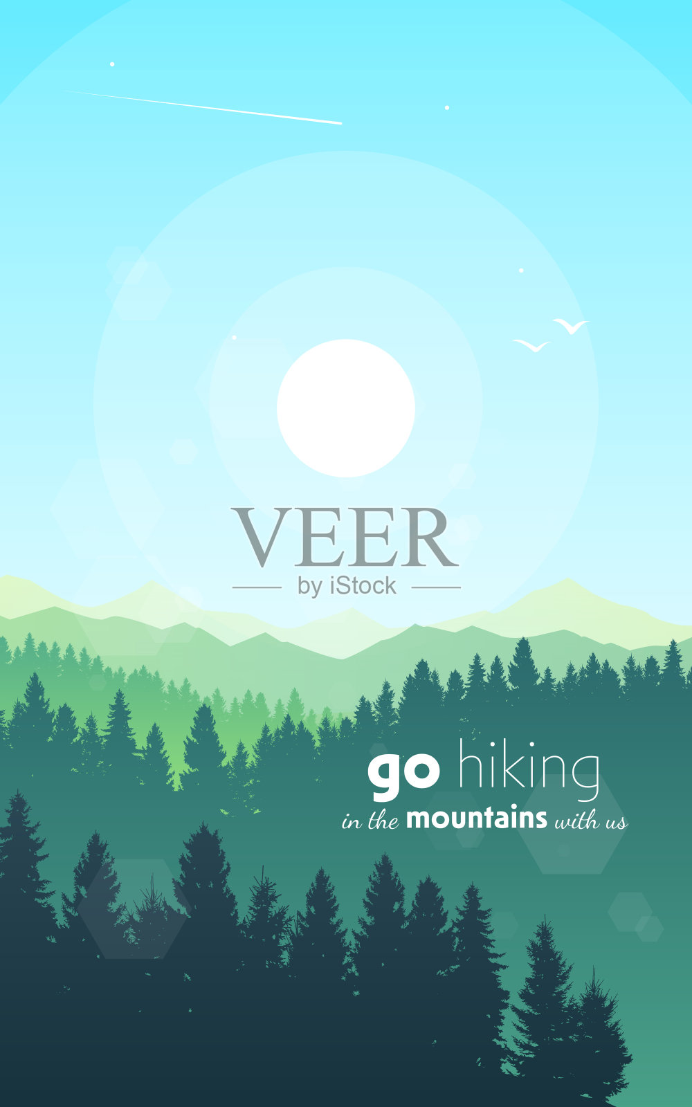 向量景观，日出场景在自然与山和森林，树木的剪影。徒步旅游。冒险。极简主义的图形传单。多边形平面设计的优惠券，代金券，礼品卡插画图片素材