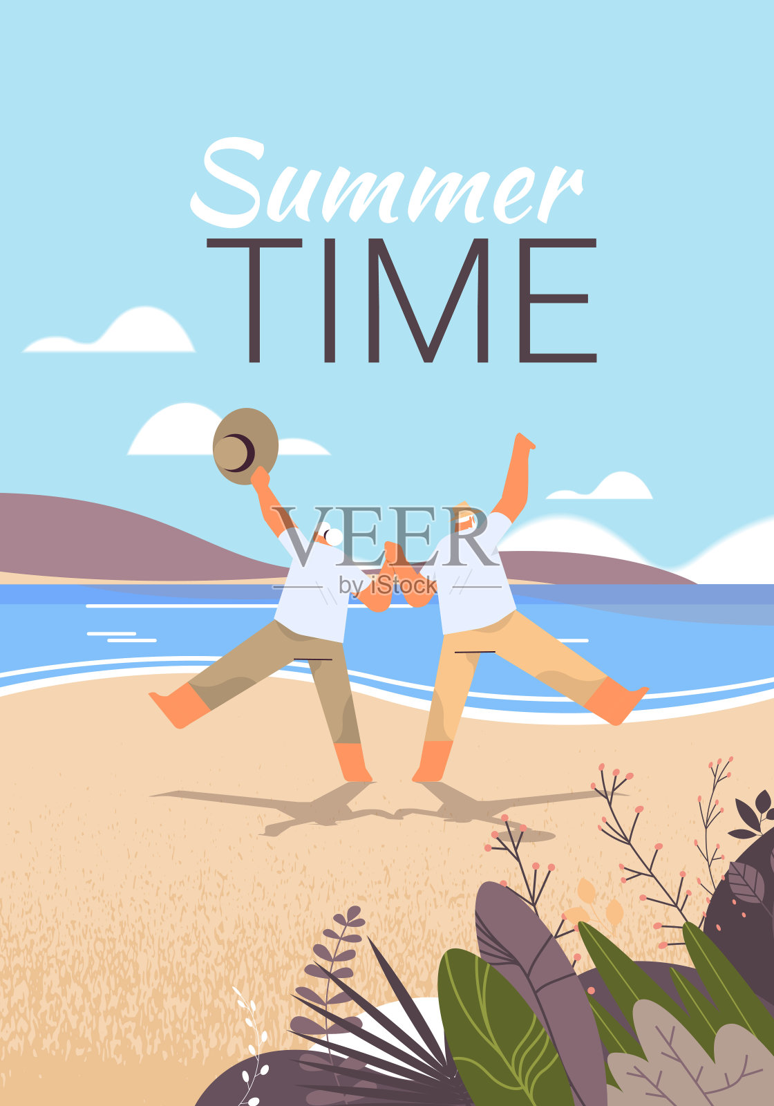 老年夫妇跳舞有乐趣的老人和女人活跃的老年概念海景背景插画图片素材