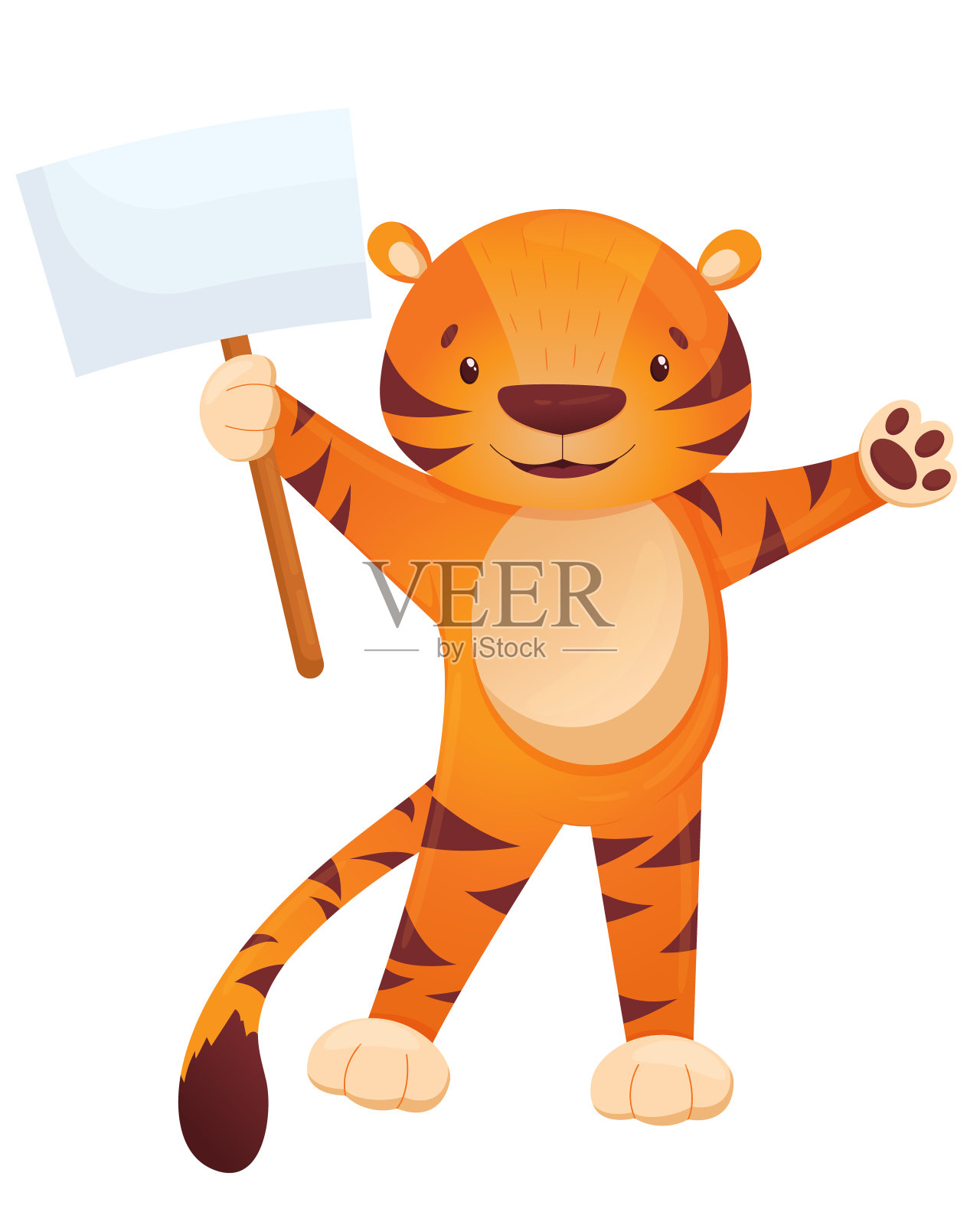 矢量插图的一个可爱的老虎幼崽站在一个旗帜孤立在白色的背景。农历虎年。可爱的泰格拉卡通风格。插画图片素材