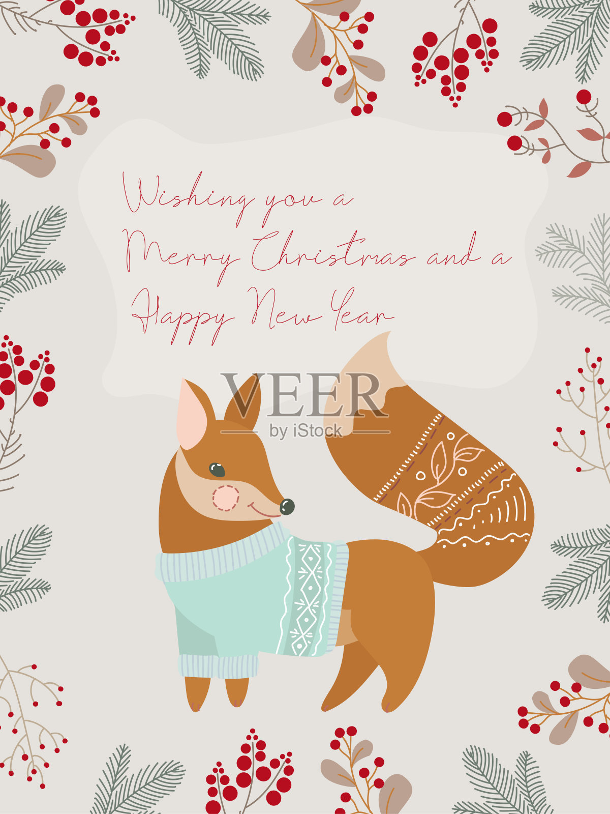 可爱的狐狸卡片。圣诞贺卡与冬季元素和节日愿望。冬季矢量插图孤立在白色背景。插画图片素材