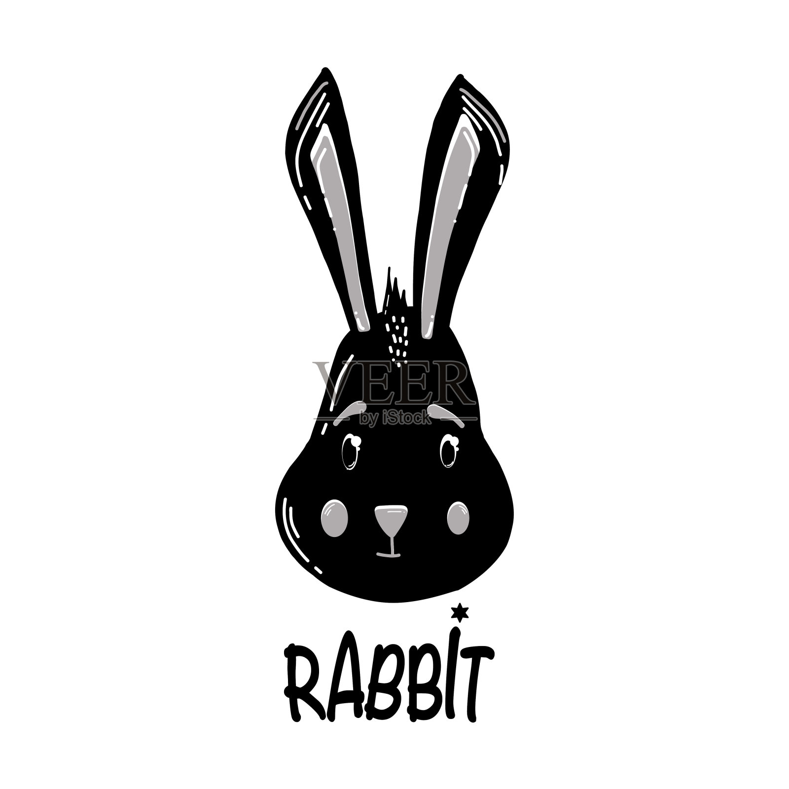 斯堪的纳维亚黑白动物兔脸在白色背景贺卡，标志，设计孩子气的房间在斯堪的纳维亚风格插画图片素材