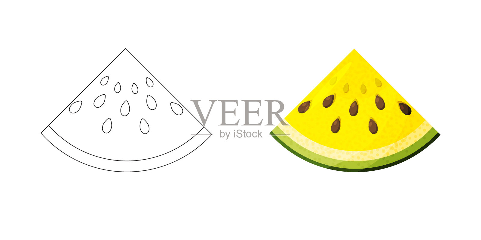 图画书页学龄前儿童与西瓜片的轮廓和彩色副本。西瓜矢量插图的孩子教育。矢量图插画图片素材
