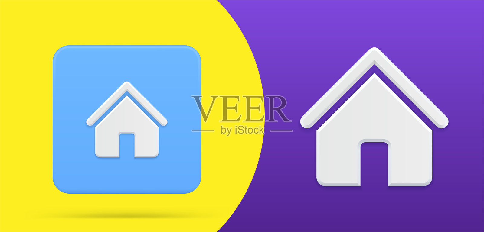 简单的房子3d图标按钮设置矢量插图。带有三角形屋顶和入口的私人小屋图标素材