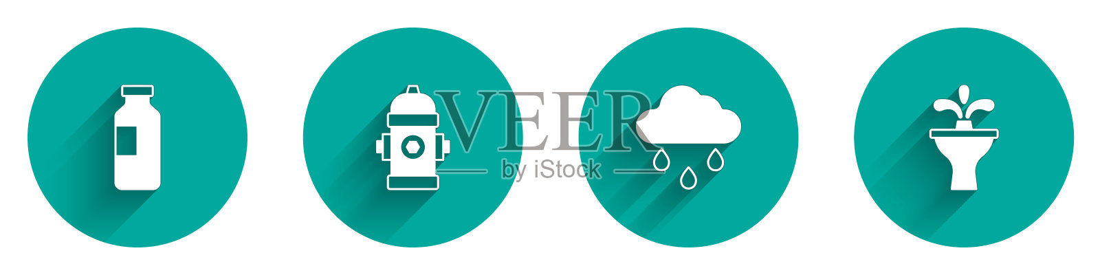 设置水瓶，消防栓，雨云和喷泉图标与长影子。向量插画图片素材