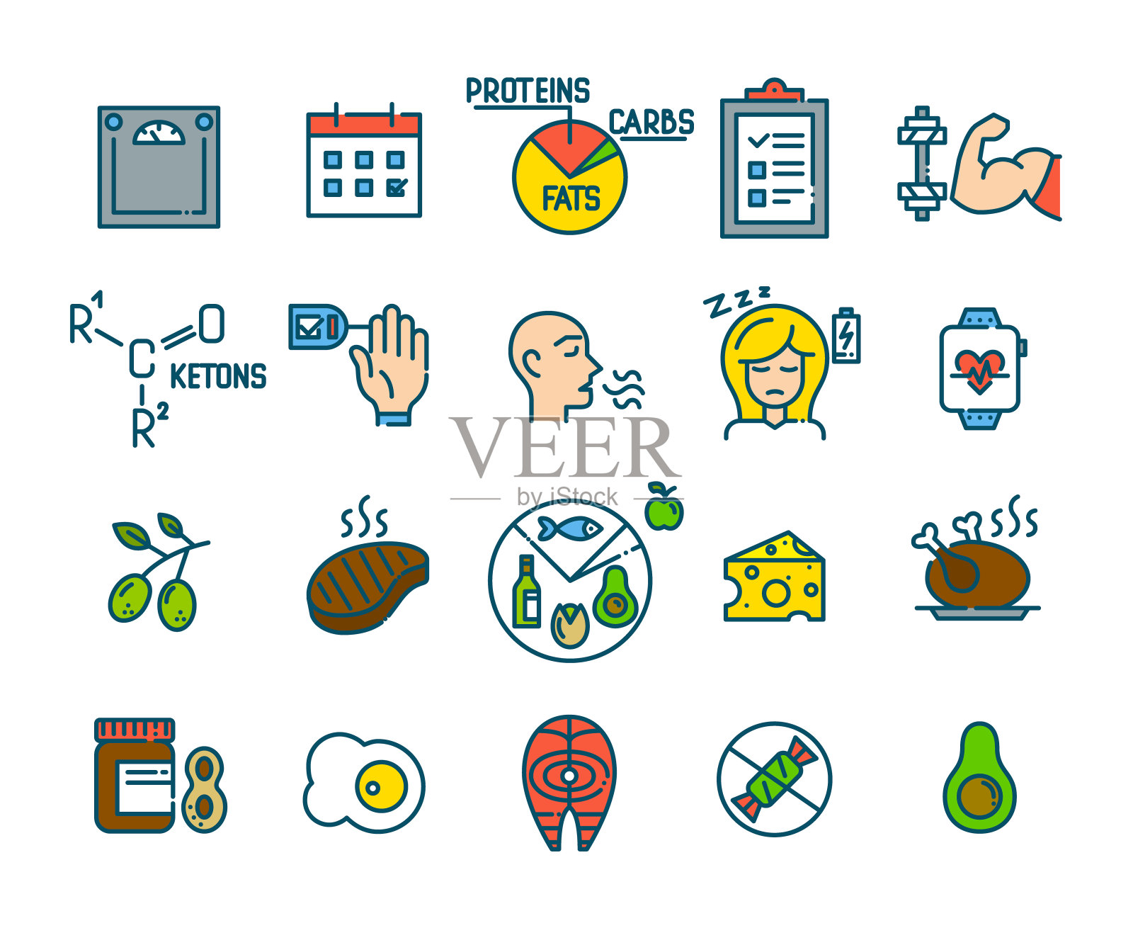 生酮低碳水化合物与脂肪流行饮食的主要观点和不良副作用。像素完美，可编辑的笔触图标图标素材