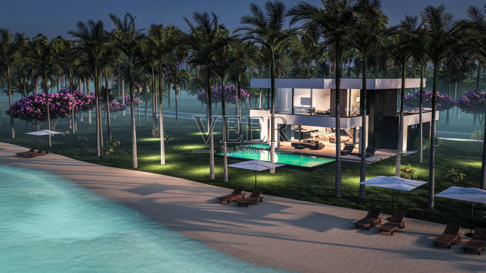 3D渲染的夜晚海边豪华现代住宅照片摄影图片