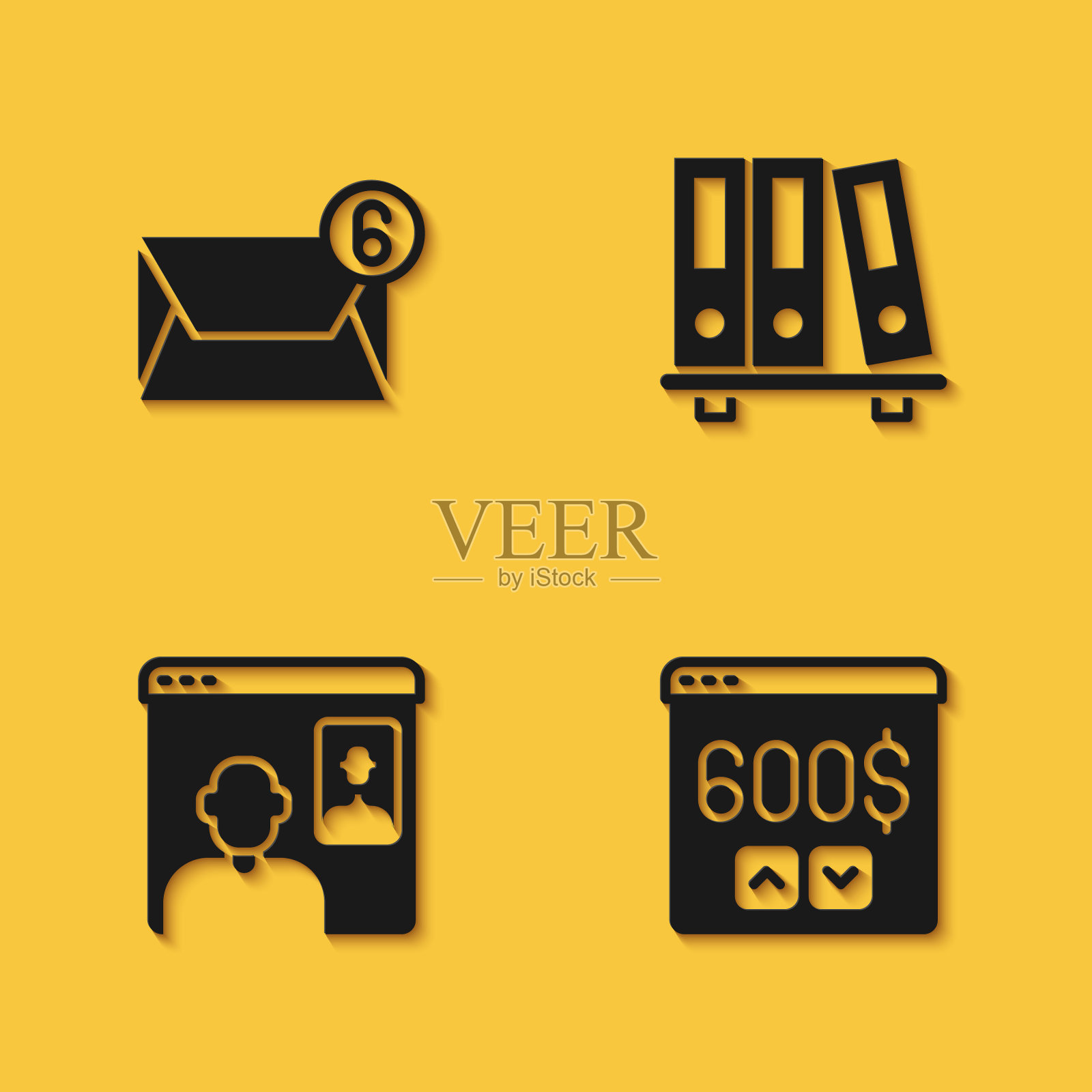 设置邮件和电子邮件，监控与美元，视频聊天会议和办公室文件夹图标与长影子。向量图标素材