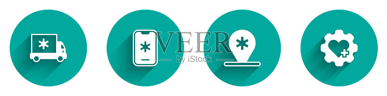 设置救护车，紧急呼叫911，定位医院和心脏与长阴影的十字图标。向量图标素材