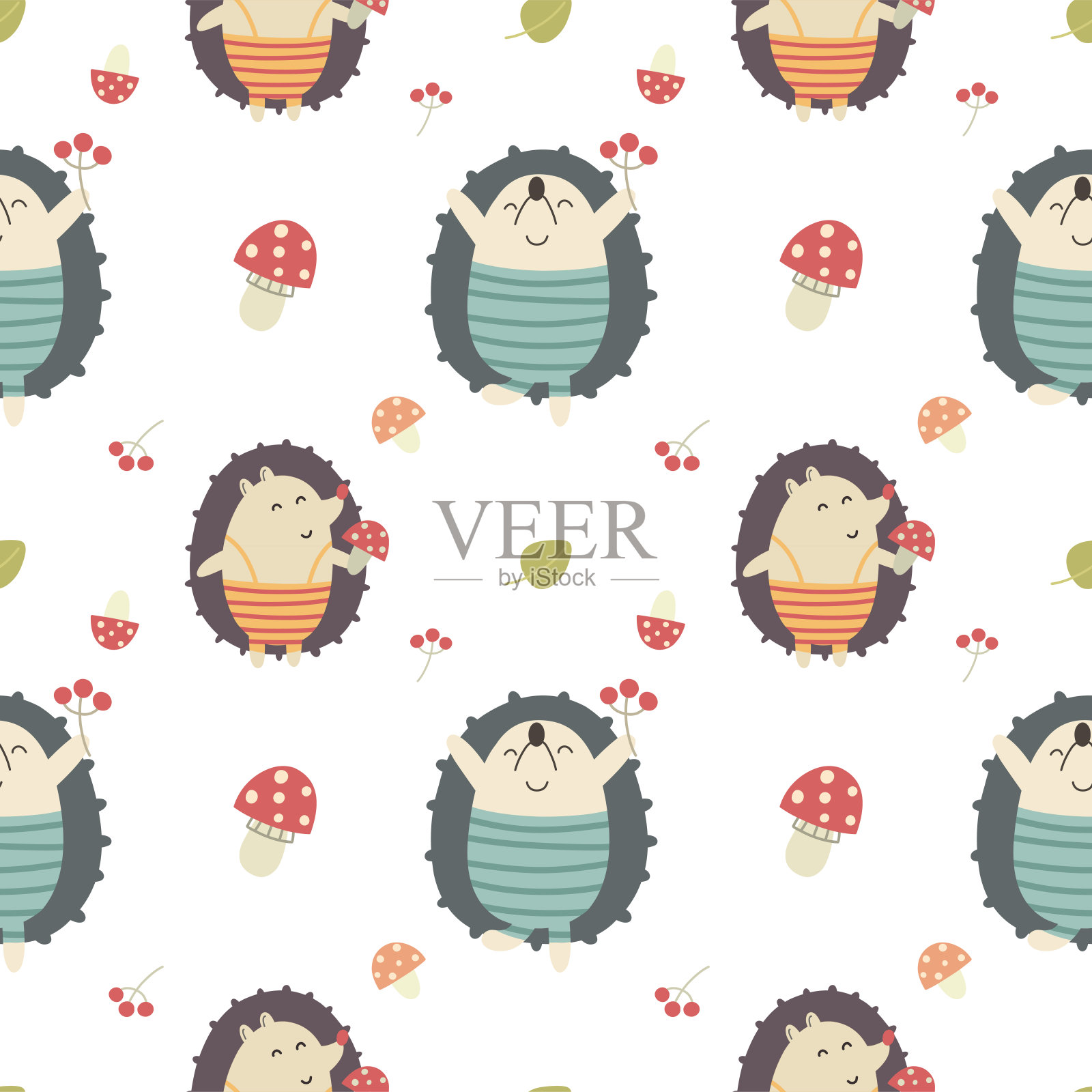 无缝图案蘑菇和树叶，森林主题，儿童图案，打印。矢量图插画图片素材