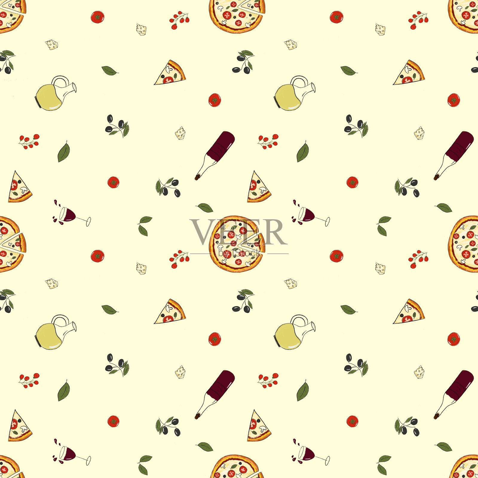 披萨、番茄、奶酪、葡萄酒和其他元素形成了一个无缝的图案。插图是用活线手绘的。设计的服装面料和其他项目。插画图片素材
