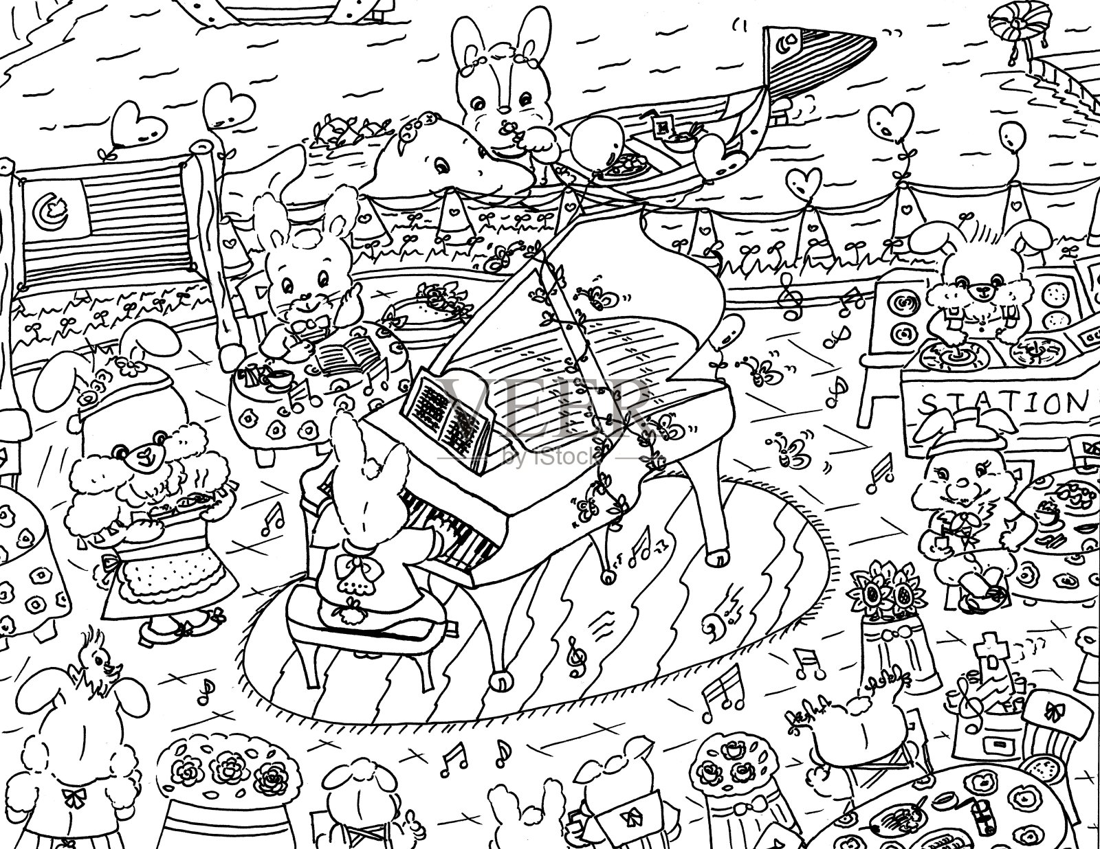 明亮的卡通兔子和动物朋友一起享受大钢琴音乐表演儿童涂色页插图2021设计元素图片