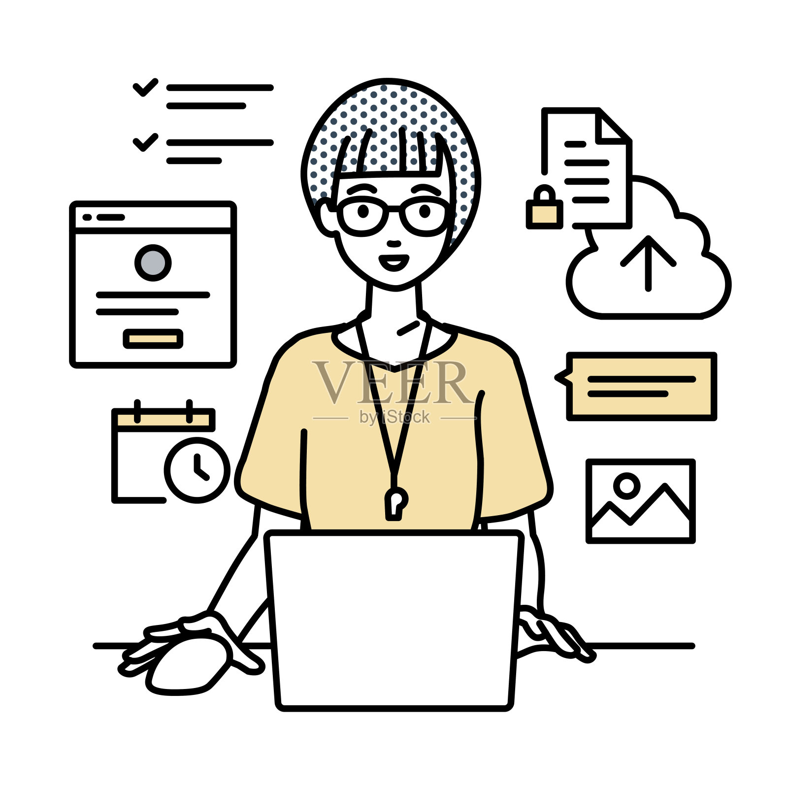 一位女教师使用笔记本电脑浏览网站、研究、在云端共享文件、安排日程、管理项目、组织任务和在她的办公桌上与团队进行交流插画图片素材