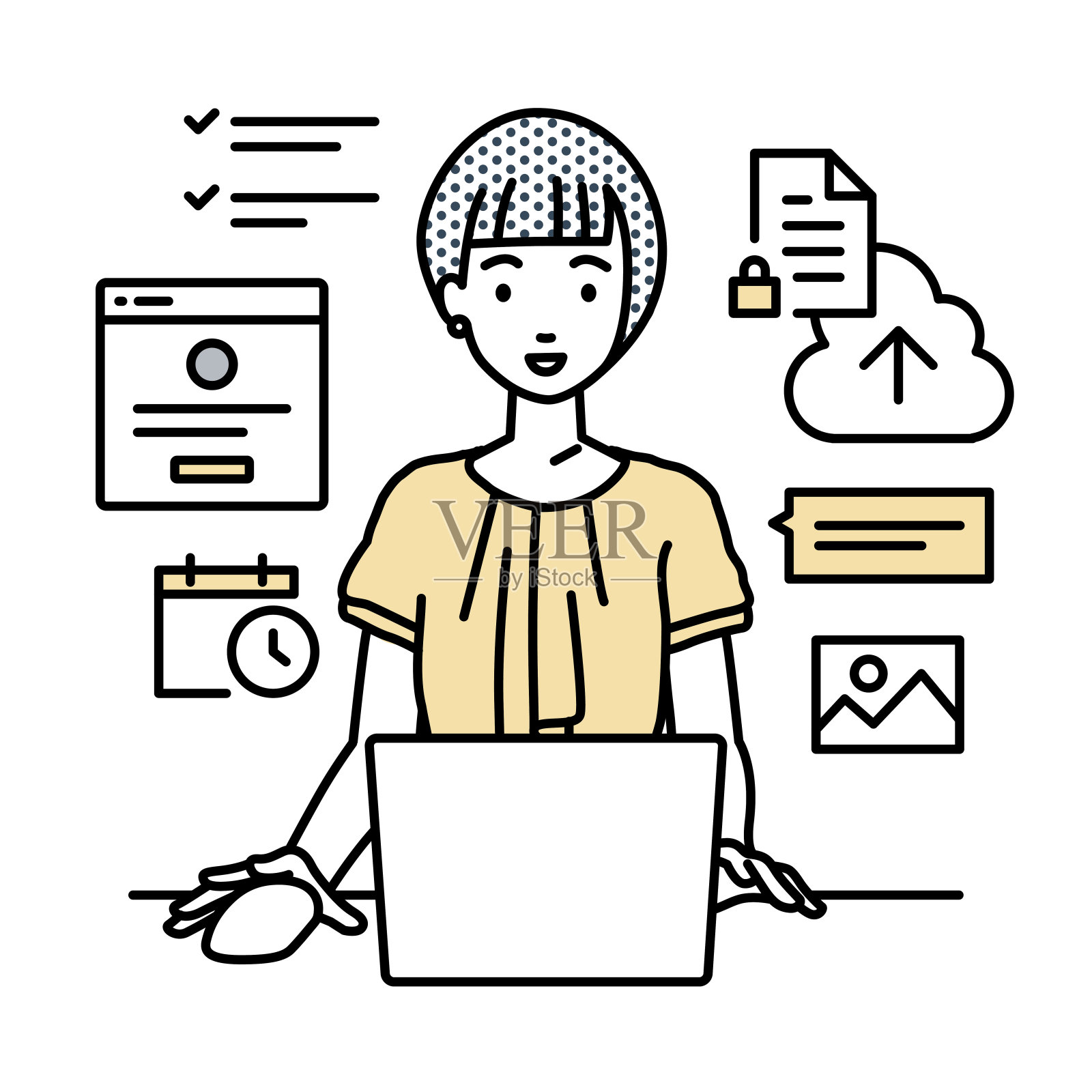 一名休闲工作风格的妇女，在她的办公桌上用笔记本电脑浏览网站、研究、在云端分享文件、安排计划、管理项目、组织任务和与团队成员交流插画图片素材