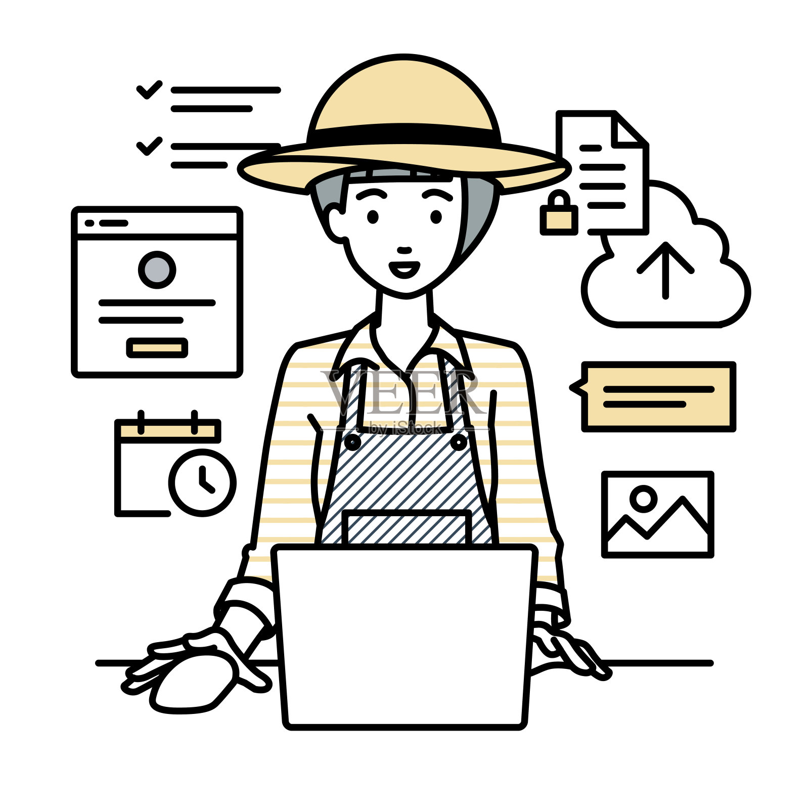 一位农妇用笔记本电脑浏览网站、研究、在云中共享文件、安排计划、管理项目、组织任务和在她的办公桌上与团队交流插画图片素材