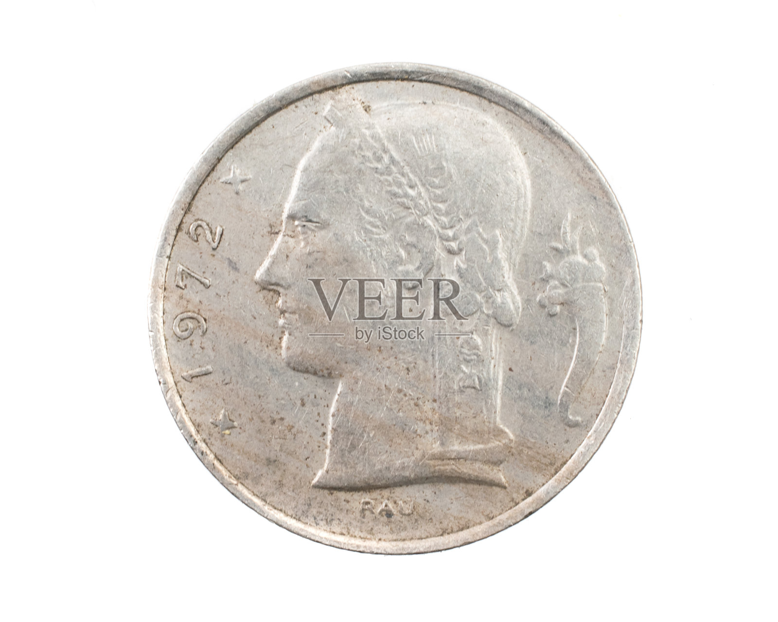 比利时5法郎硬币在白色孤立的背景照片摄影图片