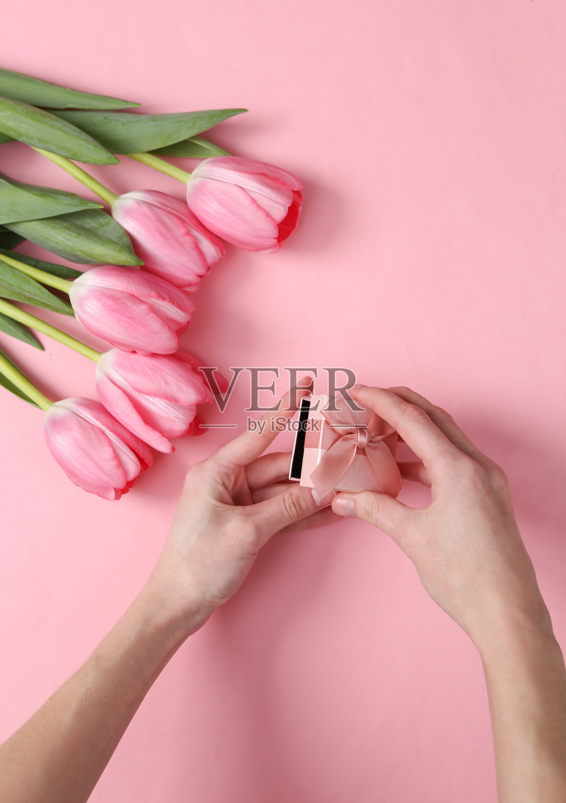 手打开礼品盒和粉红色的郁金香在粉红色的背景。浪漫,节日的概念照片摄影图片