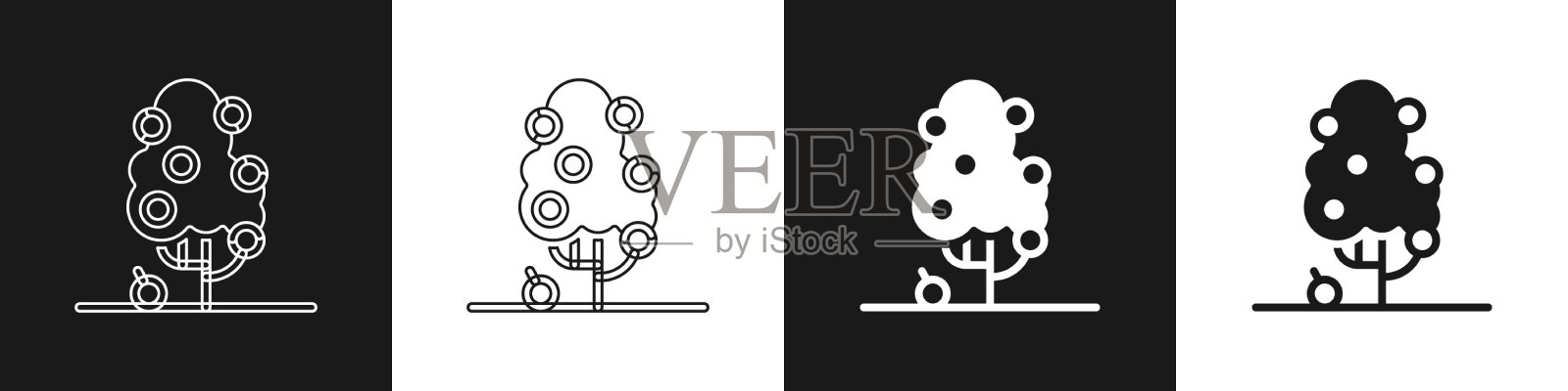 设置果树图标孤立的黑色和白色插画图片素材