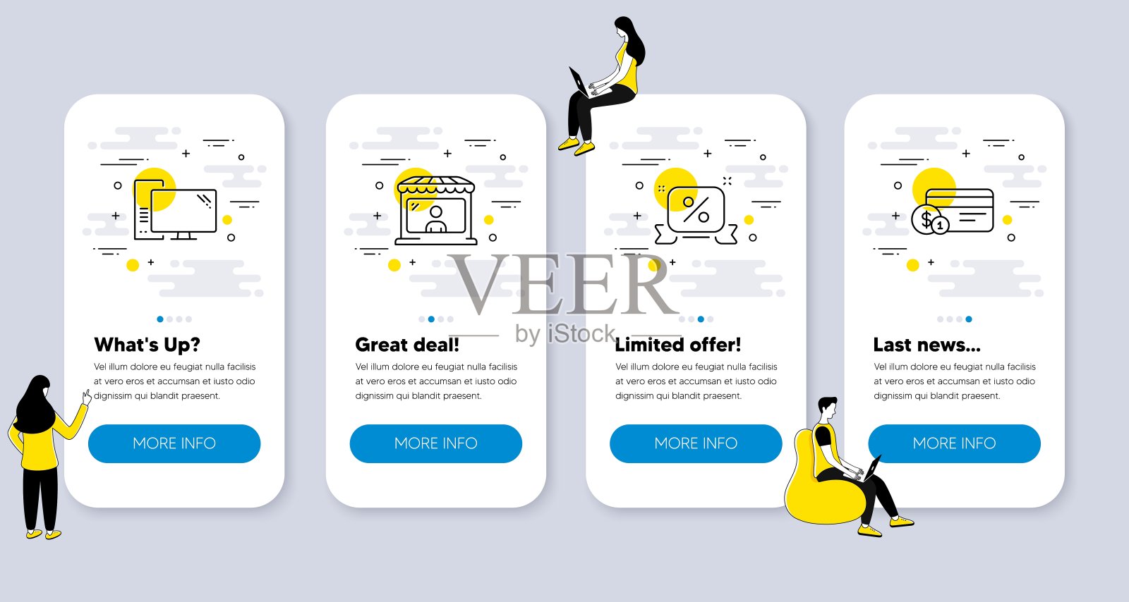 一组业务图标，如计算机，市场卖家，折扣丝带。向量插画图片素材