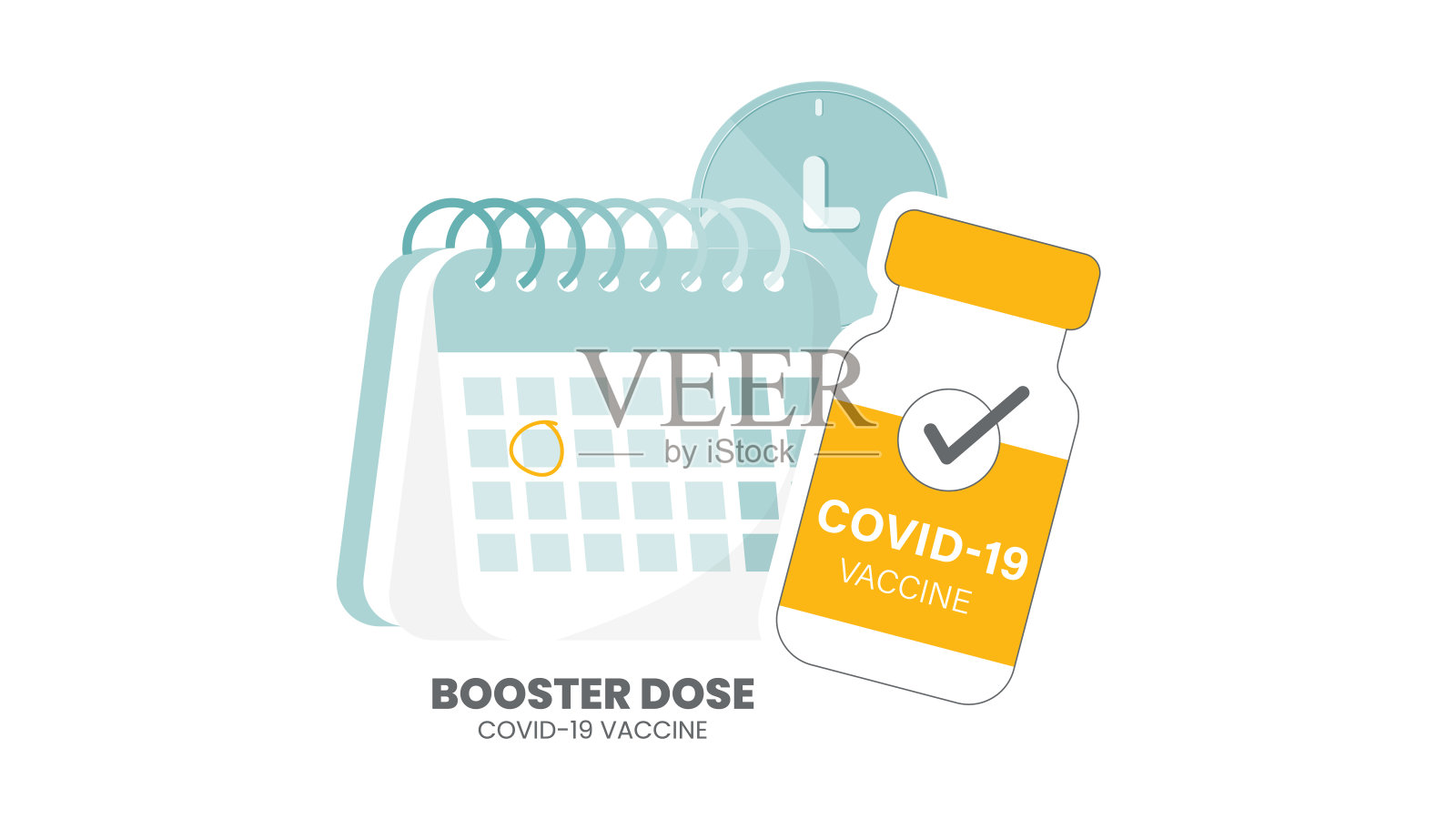 插图矢量疫苗瓶，注射器注射和日历。第三次强化注射疫苗后的引物剂量。增强免疫或COVID-19疫苗增强剂剂量概念。插画图片素材