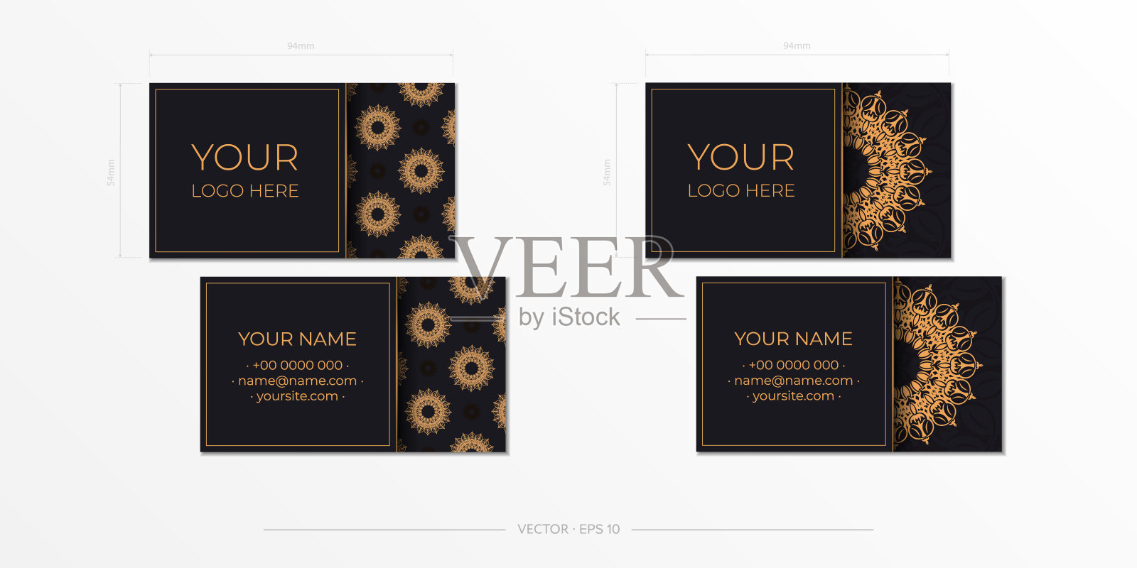 矢量黑色名片准备与豪华饰品。名片设计印刷模板与古老的模式。设计模板素材